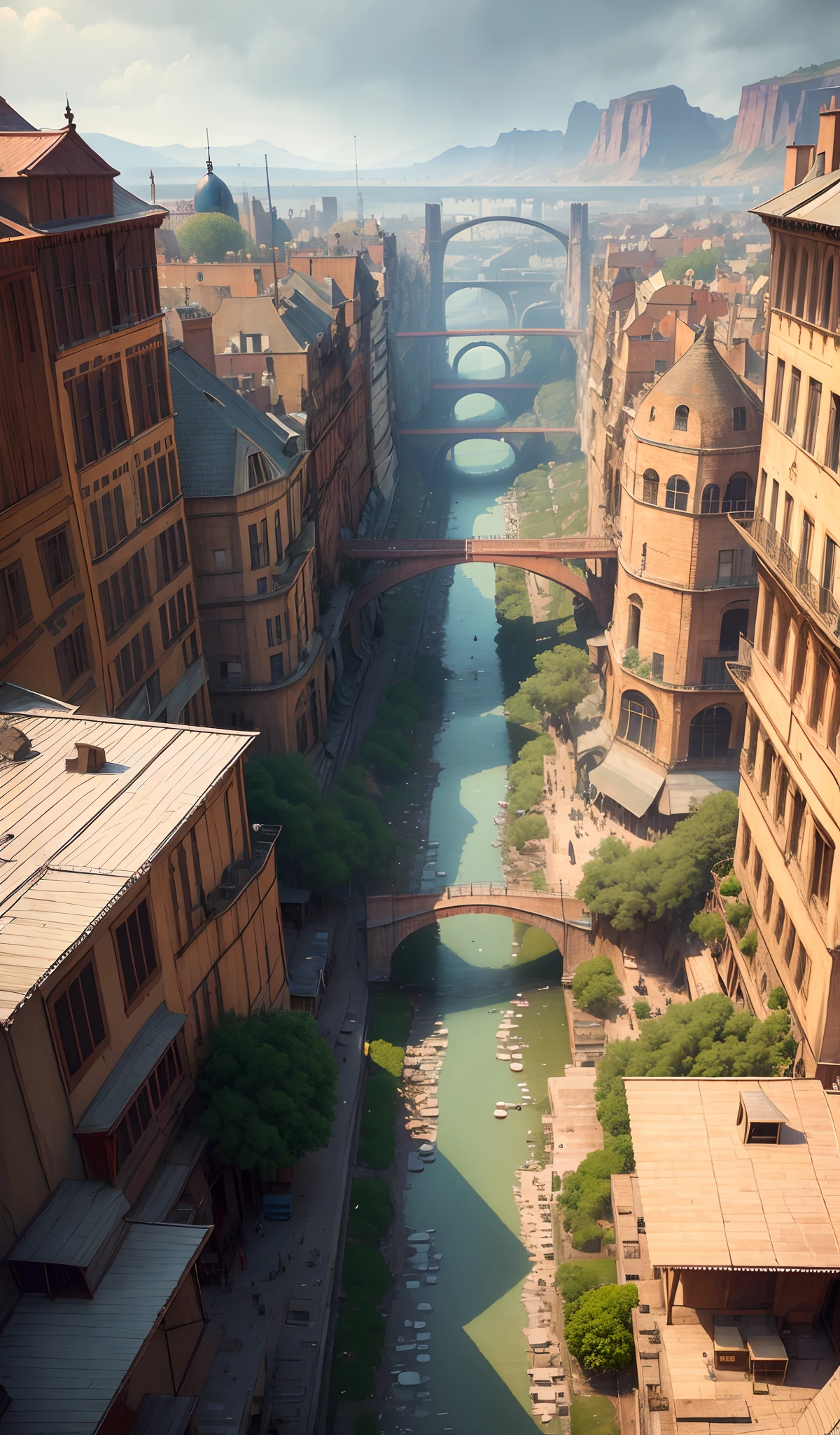 ((Masterpiece)),((Best Quality)),((higly detailed)),((Realistic,))
The city of the industrial age, Deep canyons in the middle, Architectural streets, Bazaars, bridges, rainy days, steampunc, European architecture