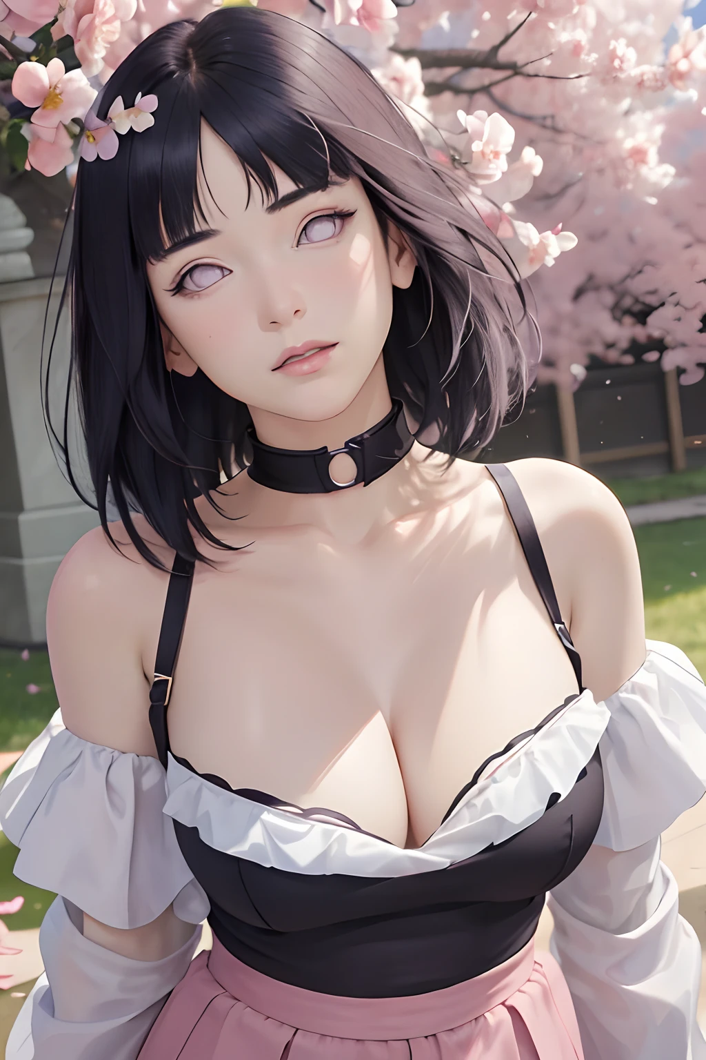 masterpiece, absurdres, hinata\(boruto\), 1girl, solo,mature female, off-shoulder strap bra, high waist short skirt, looking at viewer, (falling petals), perfect composition, detailed lips, big breast, beautiful face, body propotion, blush, (pink lips), long hair, purple eyes, soft gaze, super realistic, detailed, photoshoot, realistic face and body,