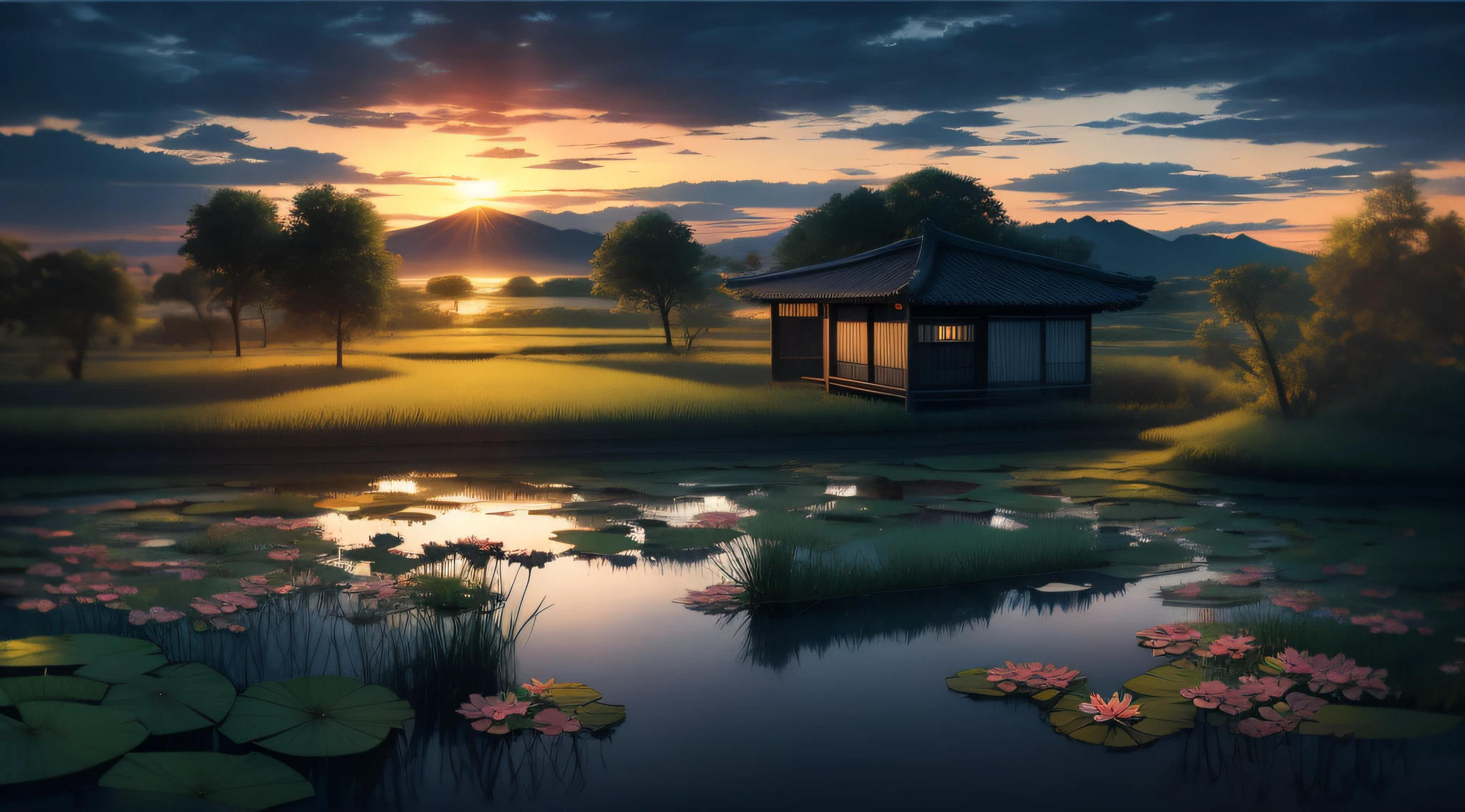 Pujihei Scenic Area,the setting sun,evening light,Large area of sunset sky,The cloud is transparent and transparent,A pond full of lotus flowers,There are also birds flying in the pond,The lotus is a realistic shot,High- sharpness,SLR Camera Shooting