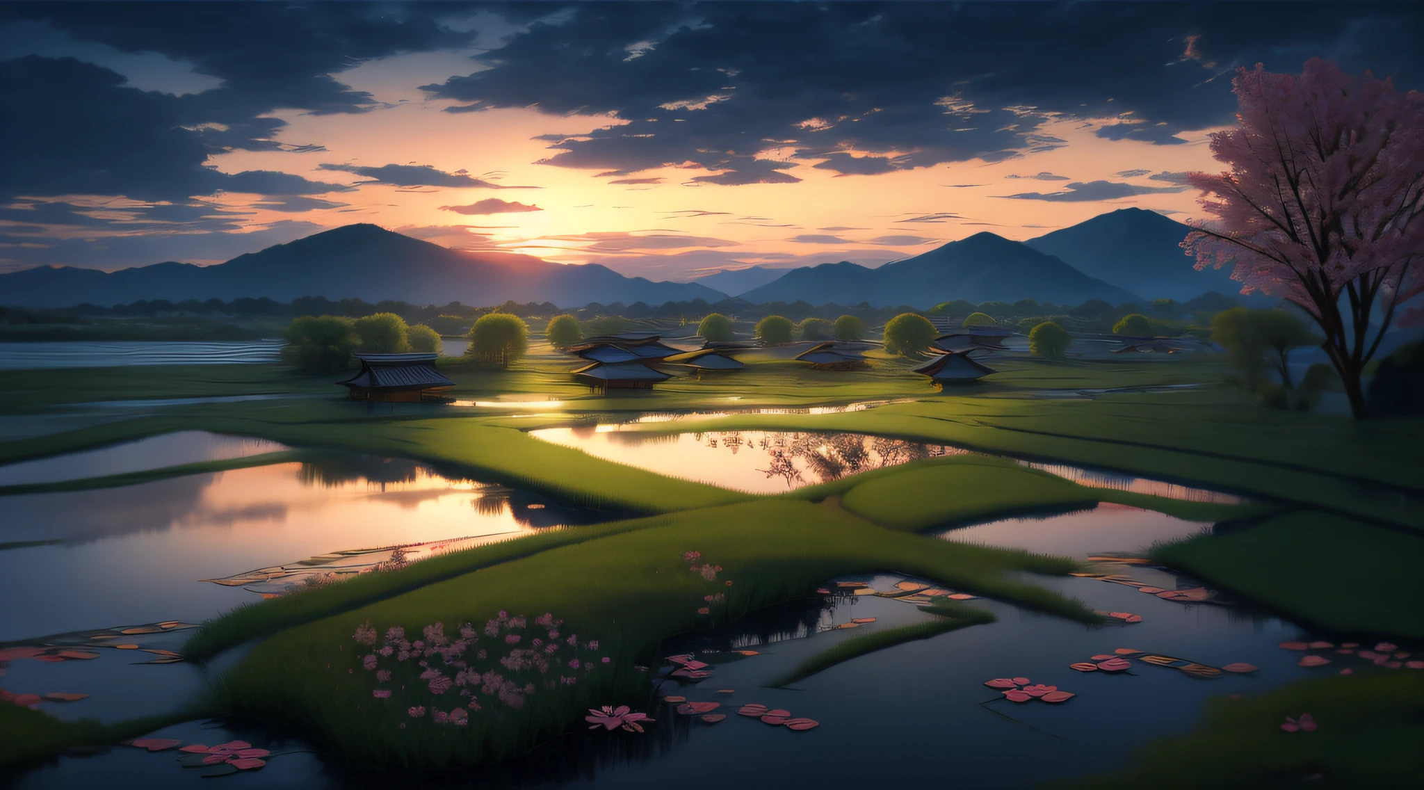 Pujihei Scenic Area，the setting sun，evening light，Large area of sunset sky，The cloud is transparent and transparent，A pond full of lotus flowers，There are also birds flying in the pond，The lotus is a realistic shot，High- sharpness，SLR Camera Shooting