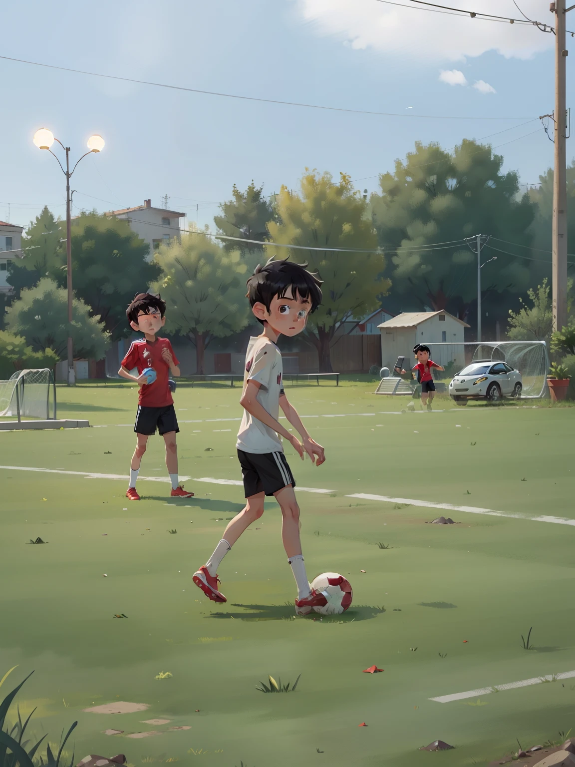 a thin young man, cute, with short black hair, playing soccer