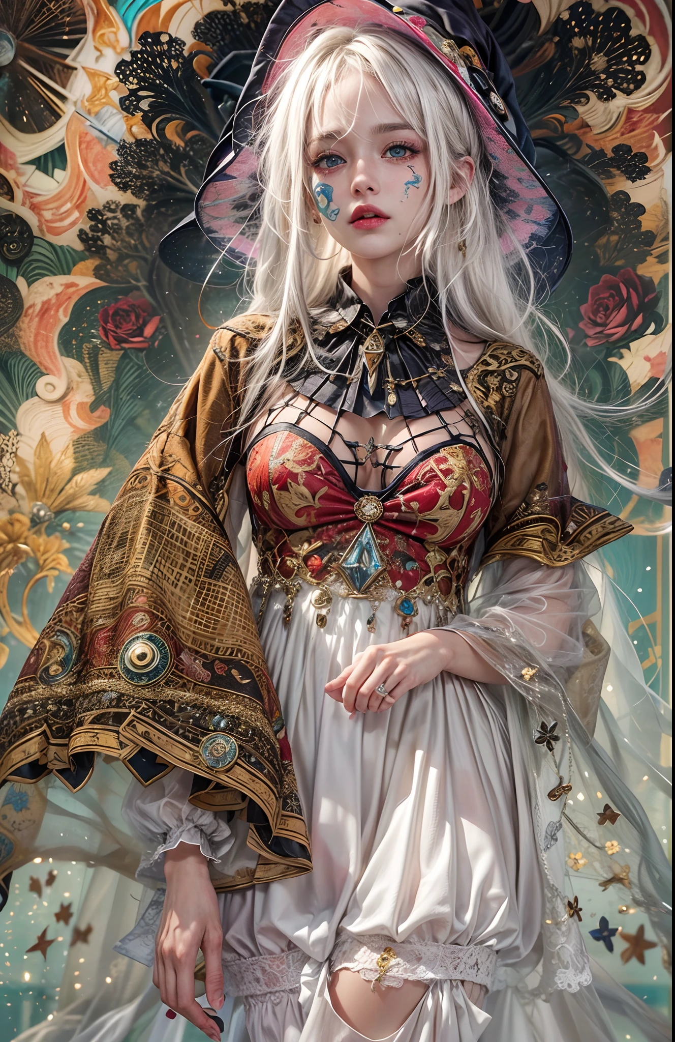 BREAK, (masterpiece, best quality, absurdres:1.4), (highly detailed CG illustration), highly detailed, cinematic light, official art, colorful, romanticism, the most beautiful form of chaos, elegant, a brutalist designed, abstract background, lantern, hair flower, petals, BREAK, 1girl, (witch hat:1.5), starry sky, full moon, absurdly long hair, white hair,(face tattoo:1.3), (white dress, Heterochromia:1.5) BREAK, (by Dave Seeley:1.7), (Maximalism:2), (complicated background, complicated decorations, complicated dress:2), (red blood eyes, crying, tears:1.4), (extreme detailed:1.5),(fractal art:1.2) BREAK,