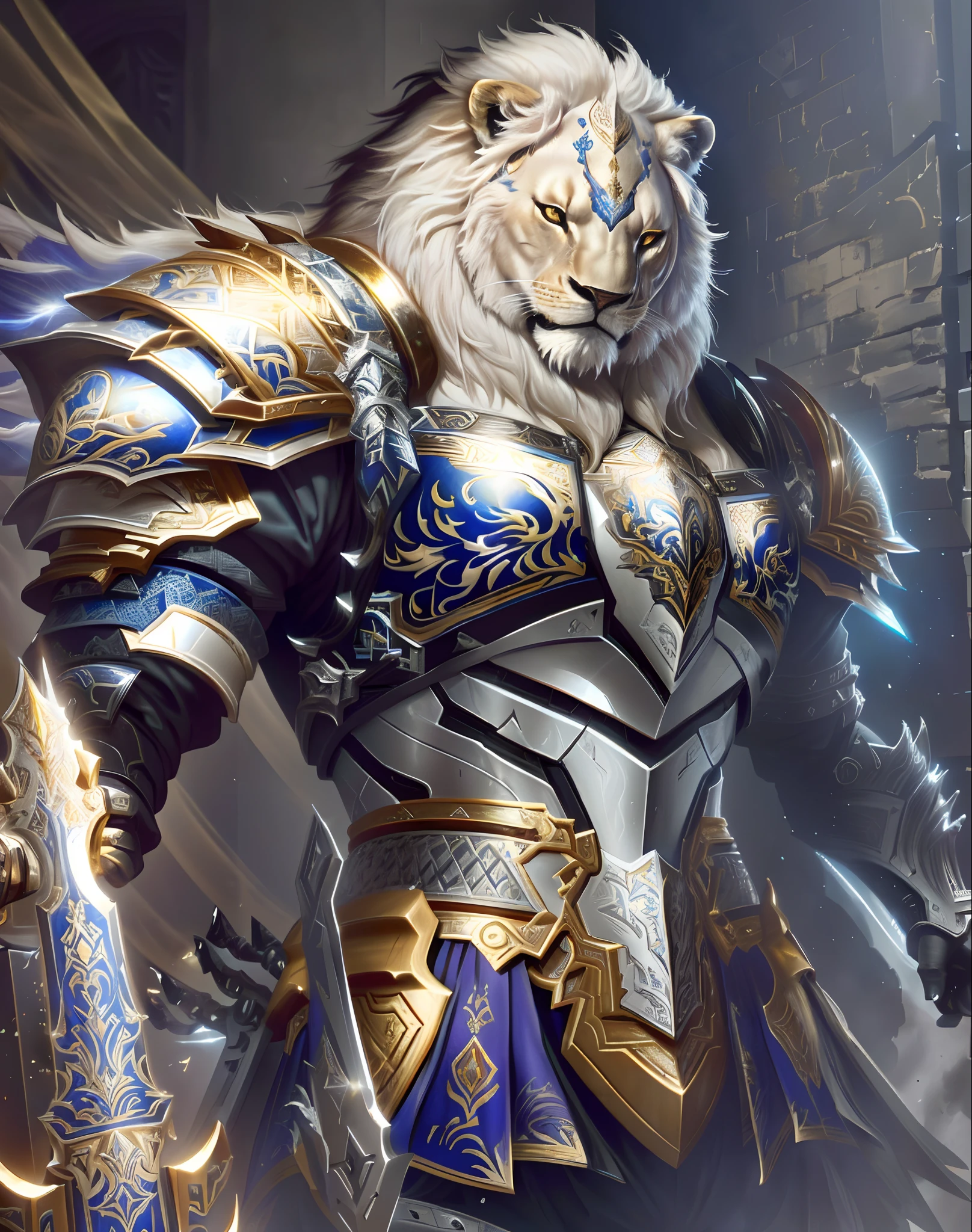 A closeup of a lion dressed in armor with a sword, O Cavaleiro da Armadura do Gato Dourado, obra-prima artstation, lion warrior, Arte digital altamente detalhada em 4k, armadura branca e dourada pesada, Arte digital detalhada em 4k, intrincada armadura branca e dourada, Deviantart ArtStation, por Yang J, 8k arte detalhada de alta qualidade, paladino de ouro, 4K fantasia detalhes dedos bem definidos, juba acizentada muito longa