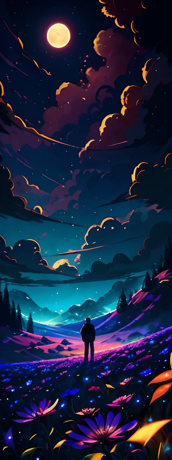 a painting of a man standing in a field with a full moon in the background, jen bartel, inspired by Cyril Rolando, background artwork, detailed digital painting, low detailed. digital painting, epic art style, lofi artstyle, in style of cyril rolando, cyril rolando and goro fujita, colorful skies, 4 k digital painting