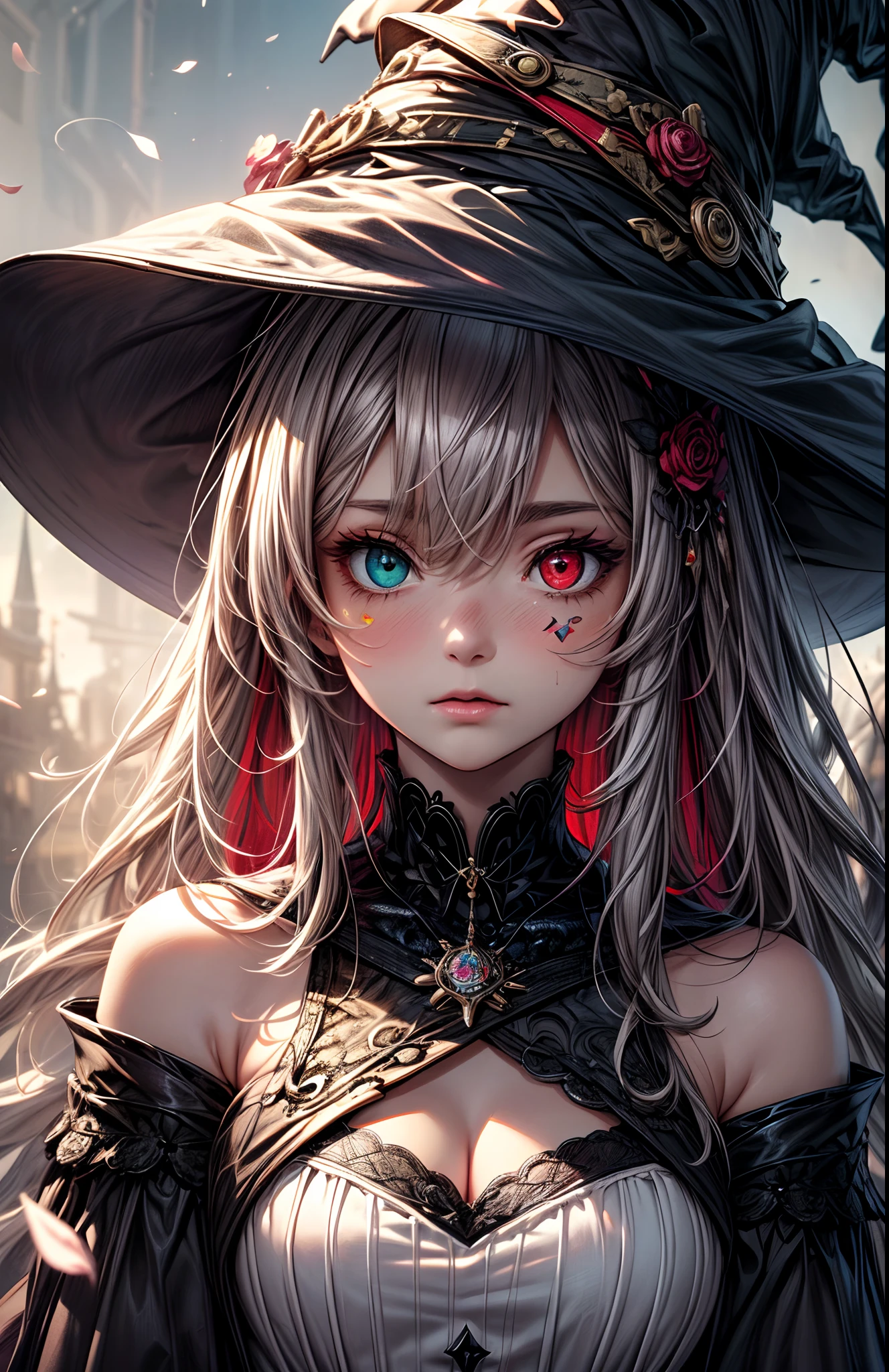 BREAK, (masterpiece, best quality, absurdres:1.4), (highly detailed CG illustration), highly detailed, cinematic light, official art, colorful, romanticism, the most beautiful form of chaos, elegant, a brutalist designed, abstract background, lantern, hair flower, petals, BREAK, 1girl, (witch hat:1.5), starry sky, full moon, absurdly long hair, white hair,(face tattoo:1.3), (white dress, Heterochromia:1.5) BREAK, (by Dave Seeley:1.7), (Maximalism:2), (complicated background, complicated decorations, complicated dress:2), (red blood eyes, crying, tears:1.4), (extreme detailed:1.5),(fractal art:1.2) BREAK,