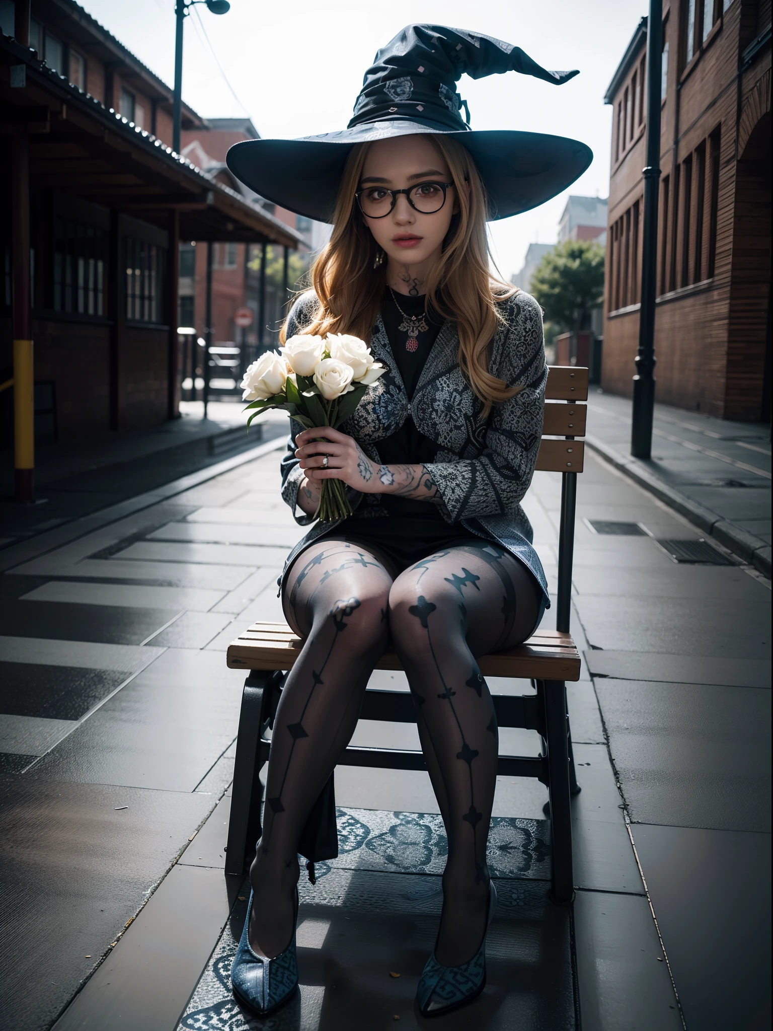 (full body:1.5)，(((1girl)):1.3),(view the viewer:1.4)，((anatomy correct):1.45),(((Sitting on the outdoor playground))):1.3),(she wears large glasses and Holding a bouquet of fresh flowers in his hand:1.2),(shy:1.15)，((witch's set):1.2),(((((((Patterned)))))) ,((pantyhose)):1.3),(((tattoo)):1.3),( Uniform high heels leather shoes with bows for female students:1.1)，(Accurate and perfect face:1.3),((red-eyed blonde):1.2)，hyper HD, Ray traching, reflective light， structurally correct, Award-Awarded, high detail, lighten shade contrast, Face lighting ，cinematic lighting, masterpiece, super detailing, high quality, high detail, best quality, 16k，High contrast,