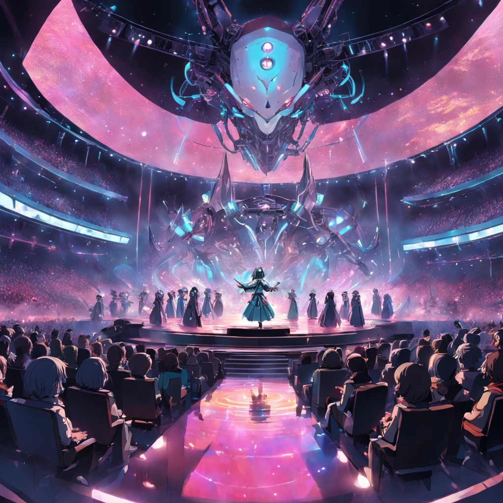 in a futuristic city, AI-powered robot musicians perform an exciting concert on a floating stage, Be surrounded by a holographic audience from different eras in history. Tell the story behind this fascinating event.