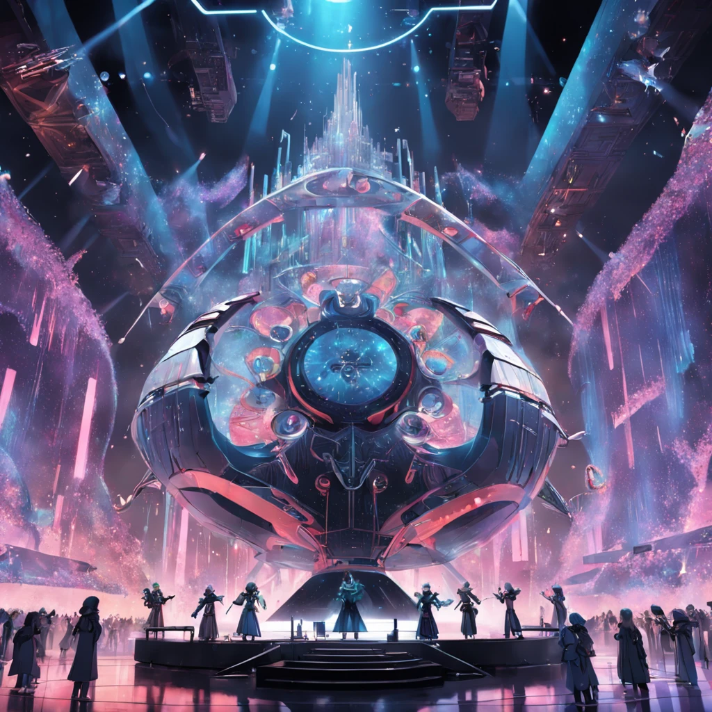 in a futuristic city, AI-powered robot musicians perform an exciting concert on a floating stage, Be surrounded by a holographic audience from different eras in history. Tell the story behind this fascinating event.