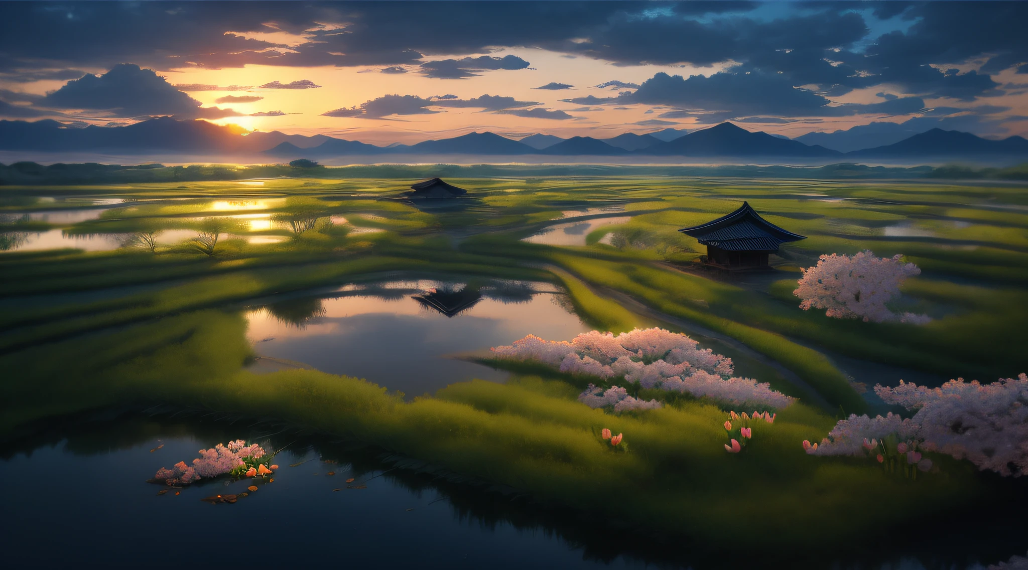 Pujihei Scenic Area,the setting sun,evening light,Large area of sunset sky,The cloud is transparent and transparent,A pond full of lotus flowers,There are also birds flying in the pond,The lotus is a realistic shot,High- sharpness,SLR Camera Shooting