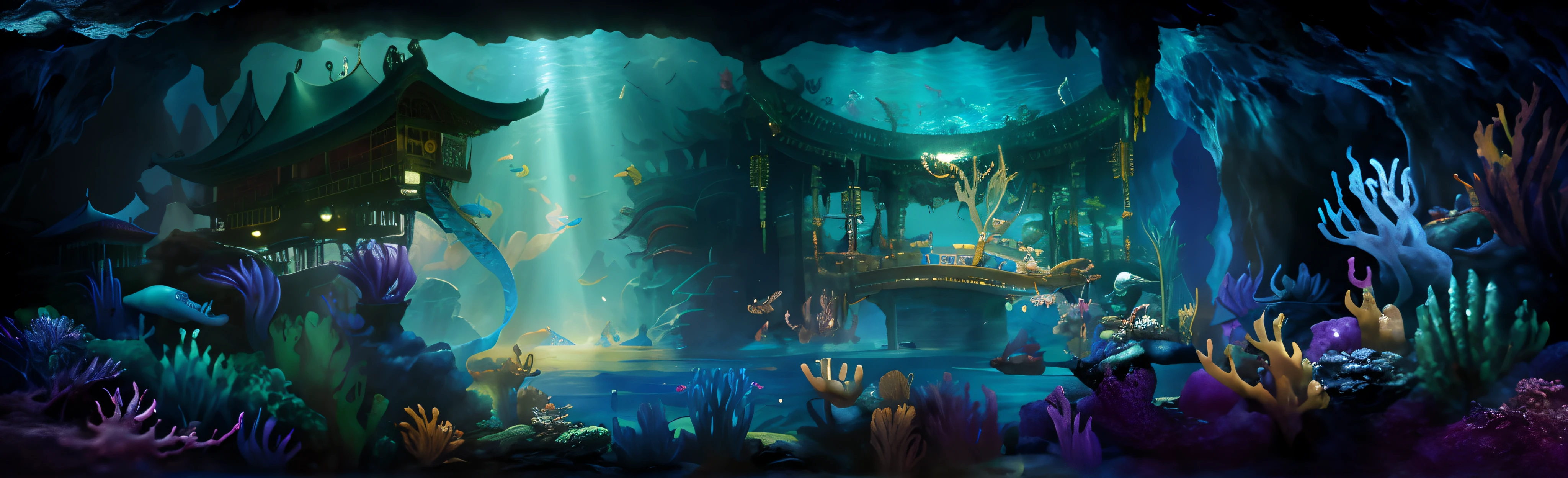 There is a painting of a cave，There is a ship inside, undersea environment, underwater environment, Underwater market, masterpieceunderwater scene, atlantis background, deep sea landscape, an underwater city, background artwork, underwater crystal caverns, concept art highly detailed, painted as a game concept art, underwater scenery, an underwater city, concept art stunning atmosphere,Underwater Dragon Palace，Underwater world，Ancient Chinese architecture under the sea，Underwater Dragon Palace