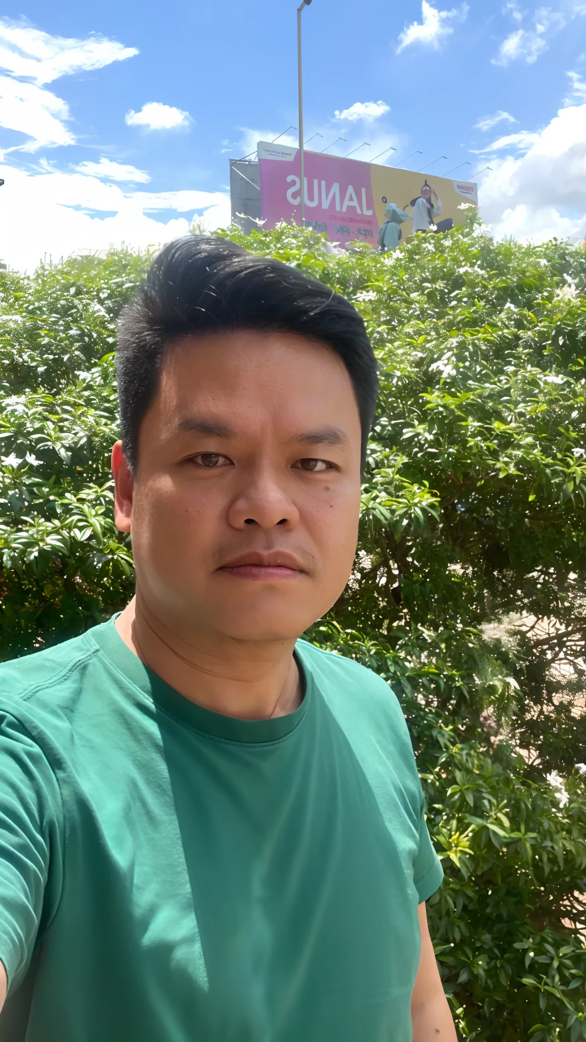 arafed man in green shirt standing in front of bushes and a sign, nivanh chanthara, thawan duchanee, dzung phung dinh, bao pham, 38 years old, 8k selfie photograph, 3 , hoang long ly, 3 6 years old old man, 2 7 years old
