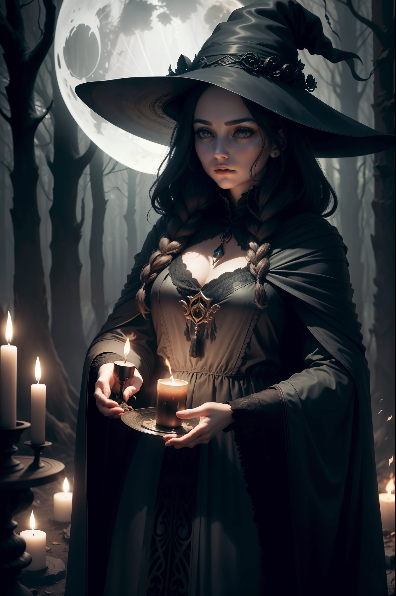 Create a captivating image of a witch immersed in the arcane arts, conjuring magic in an atmosphere imbued with darkness. Envision a moonlit clearing in a dense forest, surrounded by towering trees. The moon casts an ethereal glow, illuminating mist that hangs low on the ground. At the center stands the witch, her silhouette framed against the eerie backdrop.

The witch wears a flowing cloak that seems to merge with the shadows, while her eyes gleam with an otherworldly intensity. Her hands are adorned with ornate rings, and they move in intricate patterns as she harnesses the magic that swirls around her. The air crackles with energy, and symbols of mysticism and power form in the air before her, weaving a tapestry of dark enchantments.

In her presence, candles flicker to life, their flames dancing to an unseen rhythm. A cauldron, placed over a fire, emits tendrils of swirling mist, carrying the scent of ancient herbs and secrets. The image should evoke a sense of both wonder and unease, as if the witch's mastery over the arcane defies the very fabric of reality. The interplay of light and shadow should accentuate the magical elements and the intensity of her focus.

The color palette should be dominated by deep, rich hues, with the moon's light creating stark contrasts. The forest's sounds are hushed, as if the world itself holds its breath in anticipation of the witch's conjurations. The result should be a breathtaking visual representation of a witch lost in the art of dark magic, inviting viewers into a realm where the line between reality and fantasy blurs.