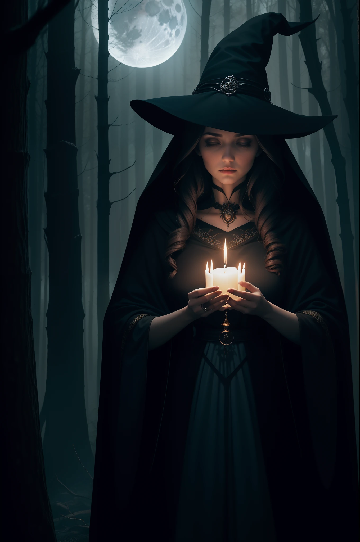 Create a captivating image of a witch immersed in the arcane arts, conjuring magic in an atmosphere imbued with darkness. Envision a moonlit clearing in a dense forest, surrounded by towering trees. The moon casts an ethereal glow, illuminating mist that hangs low on the ground. At the center stands the witch, her silhouette framed against the eerie backdrop.
The witch wears a flowing cloak that seems to merge with the shadows, while her eyes gleam with an otherworldly intensity. Her hands are adorned with ornate rings, and they move in intricate patterns as she harnesses the magic that swirls around her. The air crackles with energy, and symbols of mysticism and power form in the air before her, weaving a tapestry of dark enchantments.
In her presence, candles flicker to life, their flames dancing to an unseen rhythm. A cauldron, placed over a fire, emits tendrils of swirling mist, carrying the scent of ancient herbs and secrets. The image should evoke a sense of both wonder and unease, as if the witch's mastery over the arcane defies the very fabric of reality. The interplay of light and shadow should accentuate the magical elements and the intensity of her focus.
The color palette should be dominated by deep, rich hues, with the moon's light creating stark contrasts. The forest's sounds are hushed, as if the world itself holds its breath in anticipation of the witch's conjurations. The result should be a breathtaking visual representation of a witch lost in the art of dark magic, inviting viewers into a realm where the line between reality and fantasy blurs.