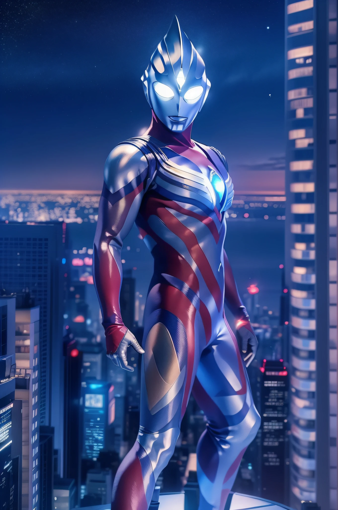 s Ultraman , the ocean，The background is a futuristic city, scifi style, blue and violet, brightly, Sky background at night，There are many stars and a moon that splits in two. Ultra photo realsisim