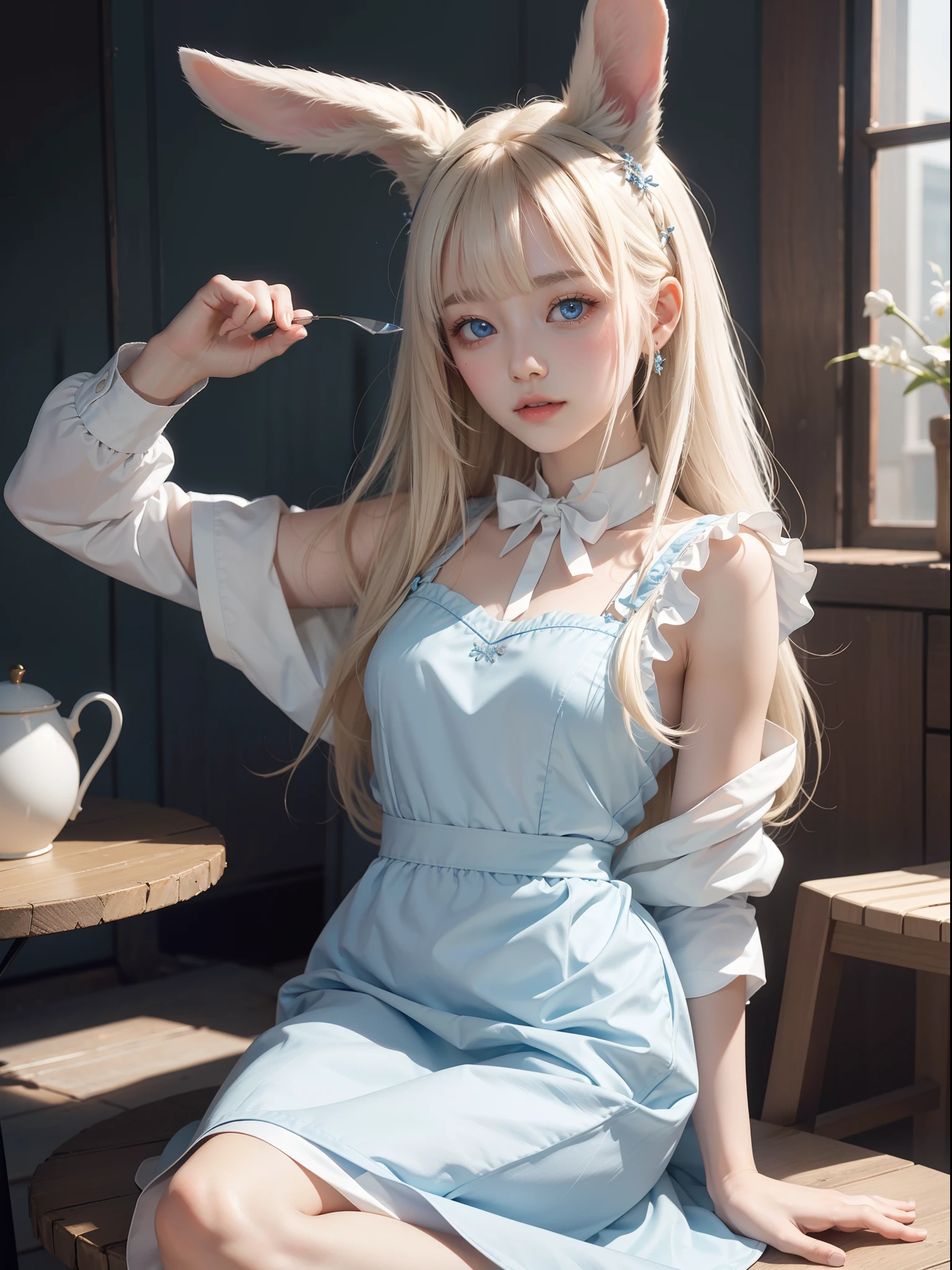 top-quality、超A high resolution、A picture、a photo of a cute girl,Rabbit ears、Detailed cute and beautiful face、(PureErosFace_V1:0.008)、beautiful bangs、alice in the wonderland、14years、White shiny skin、By bangs、Platinum blonde hair is extra-long, Straight hair is silky smooth、finer hair、Charming beautiful crystal clear blue eyes、White apron、a blue dress、nomake-up