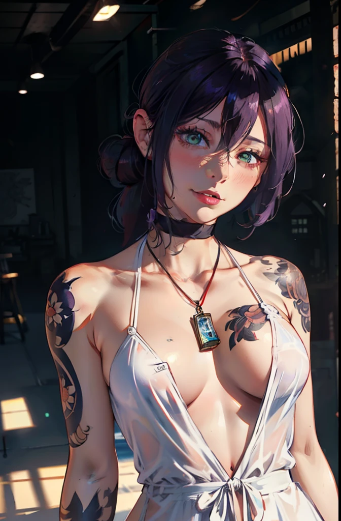 (very detailed background:1.0), (highly detailed background:1.0), (Masterpiece), High Quality, 1girl, woman, tattoo, irezumi, depth of field, dynamic lighting, high quality shadows, feminine, plunging neckline, breast curtains, Revealing clothes, , white dress, reze, purple hair