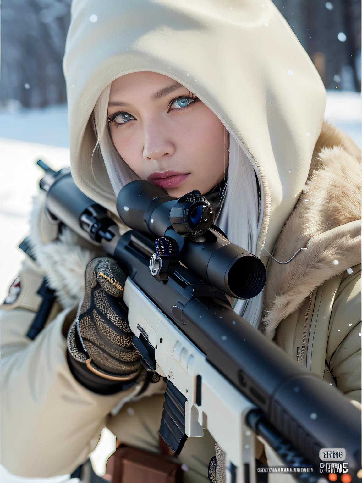 Blonde woman holding rifle in winter coat, Guviz-style artwork, with rifle, of a sniper girl in war, Perfect white haired girl, heavy winter aesthetics, white haired Cangcang, Guviz, action shot girl in parka, IG model | Art germ, Cold, White-haired, Realistic anime, holding rifle, realistic lens