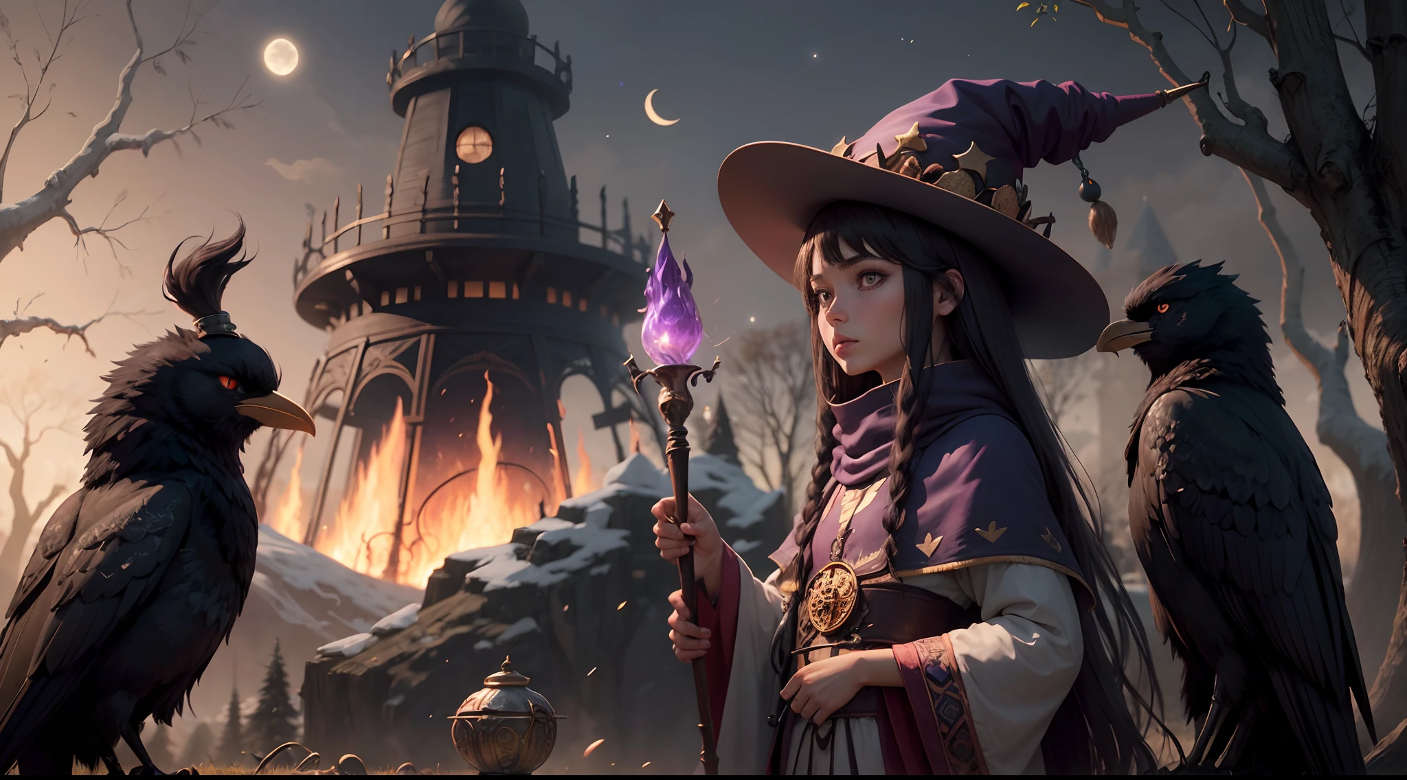 Kizi,Wizard's Hat,magical staff,brunette color hair,High rating,ultraclear,skin detailed,Task details,Scene details,Layered,brightly,(Background with(borgar,nigth,themoon,dead tree,cawing ravens,bonfires))