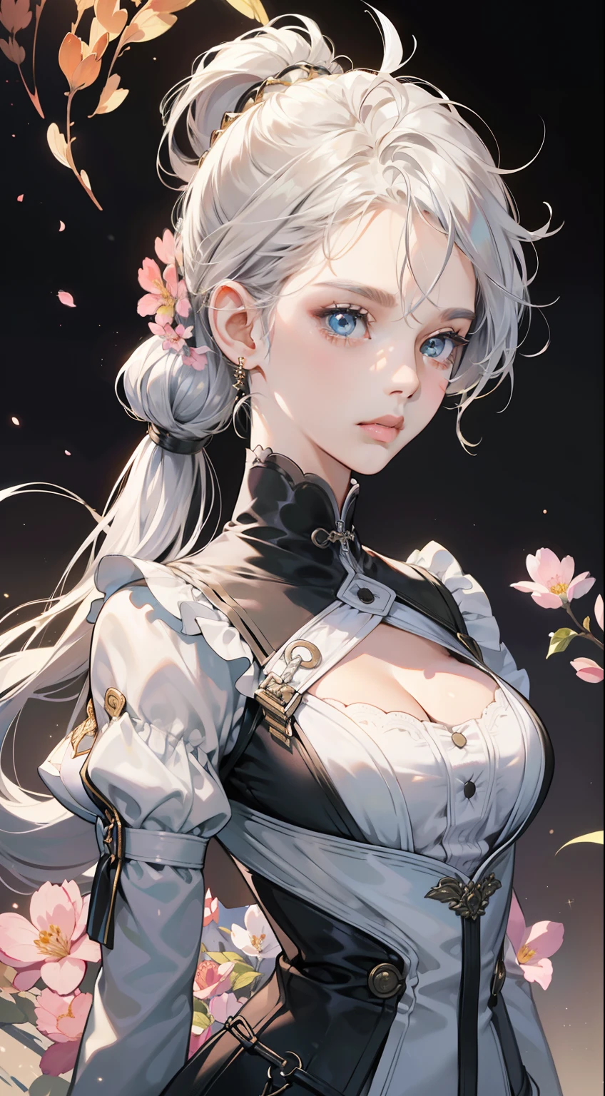 (Masterpiece), (Best quality), (hyperdetailed face),(illustration), (1girll), (Fashionable clothing), Standing tempting, Fashion model, view the viewer, (interview), (Simple background),Beautiful detailed eyes, Delicate beautiful face, Floating,(High saturation),(colorful splashs),Colorful bubbles,(glimmering), body shot, Miolin, Light silver hair, Hair rings, Low ponytail, Floating flowers, (glimmering), BEST lighting, Best shadows, Frontal shooting, ((moderate breast:1.2)), ((Focus on the breasts)), Close to the face and upper body, ((Cleavage:1.1)), ((Perfect body))