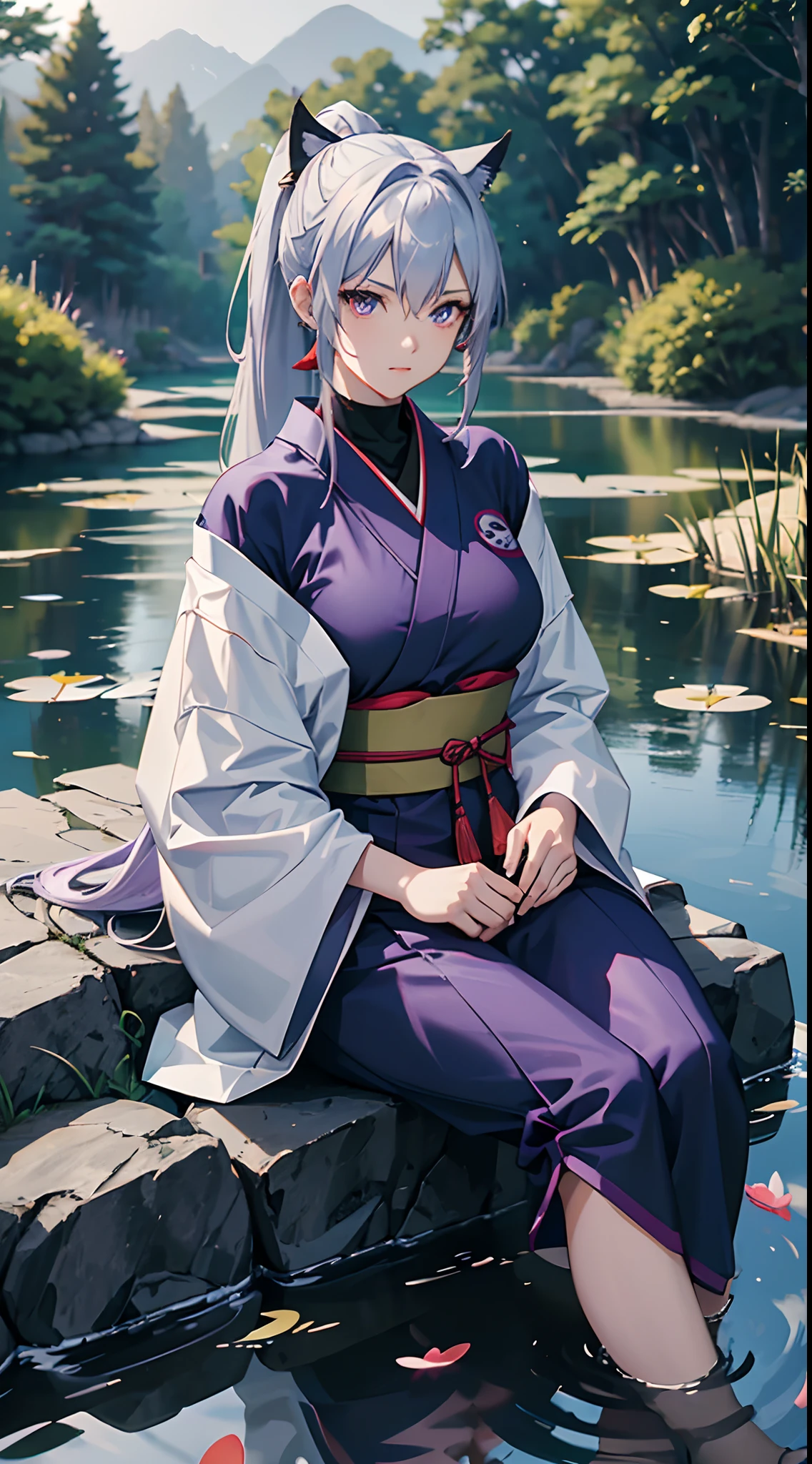 a teenager, female, (japanese ninja), (solo), ((sit beside the pond)), beautiful, (ninja grab), (gradient eyes), (fox mask on head), gradient hair, silver hair, purple hair, ponytail, (cinematic lighting), ray tracing, reflection light, depth of field, glowing light, best quality, high quality, highres, (textured skin), UHD, 8k