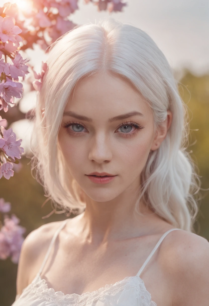 realistic, 1girl, white hair, purple eyes, glowing eyes, crop top, skirt, parted lips, blush, night, flowers, sun, sunlight,