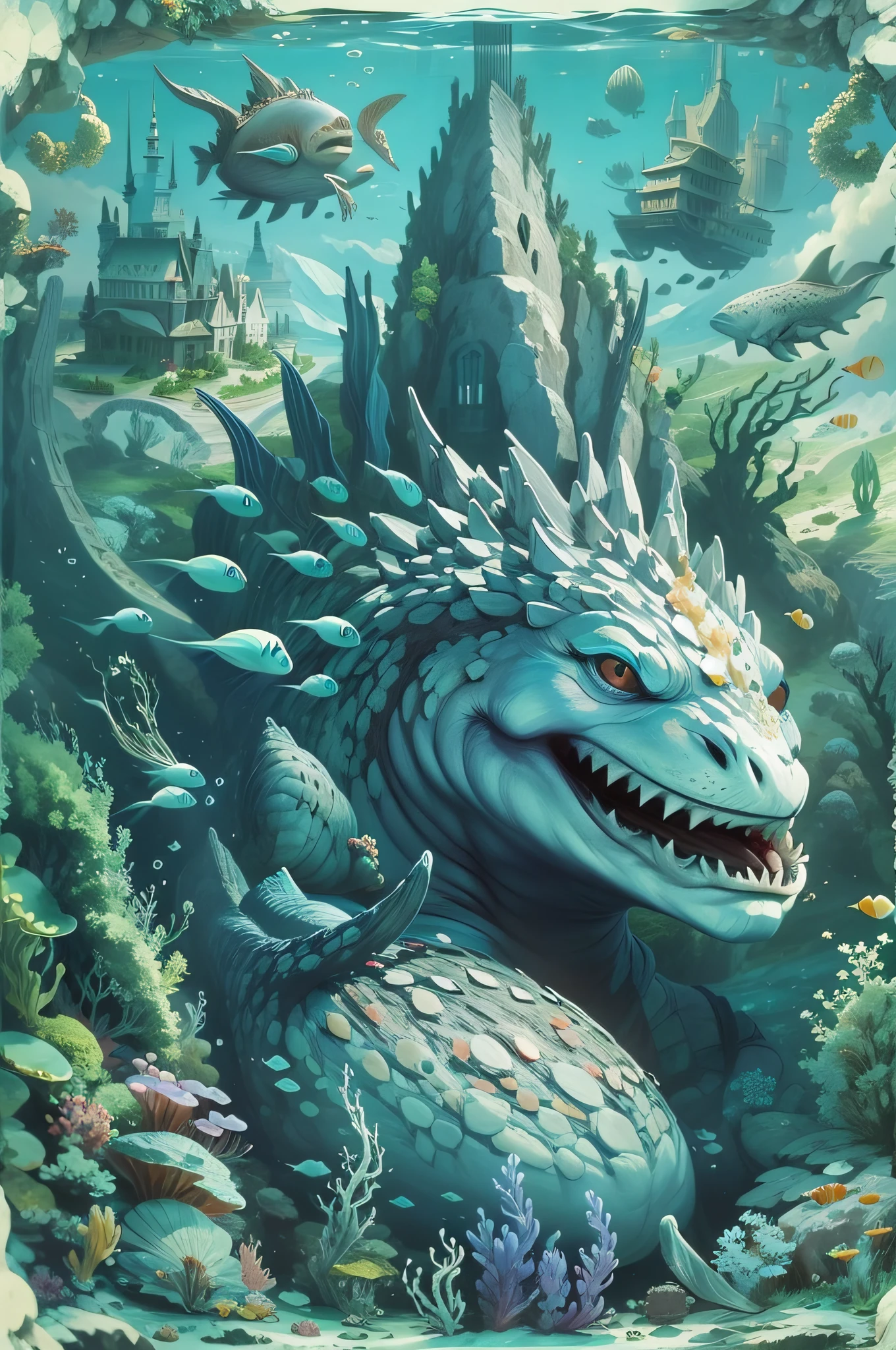 Godzilla under the sea , Underwater world，Undersea castle，Deformed sea creatures，sunken ships，scifi style, blue and violet, Ultra photo realsisim