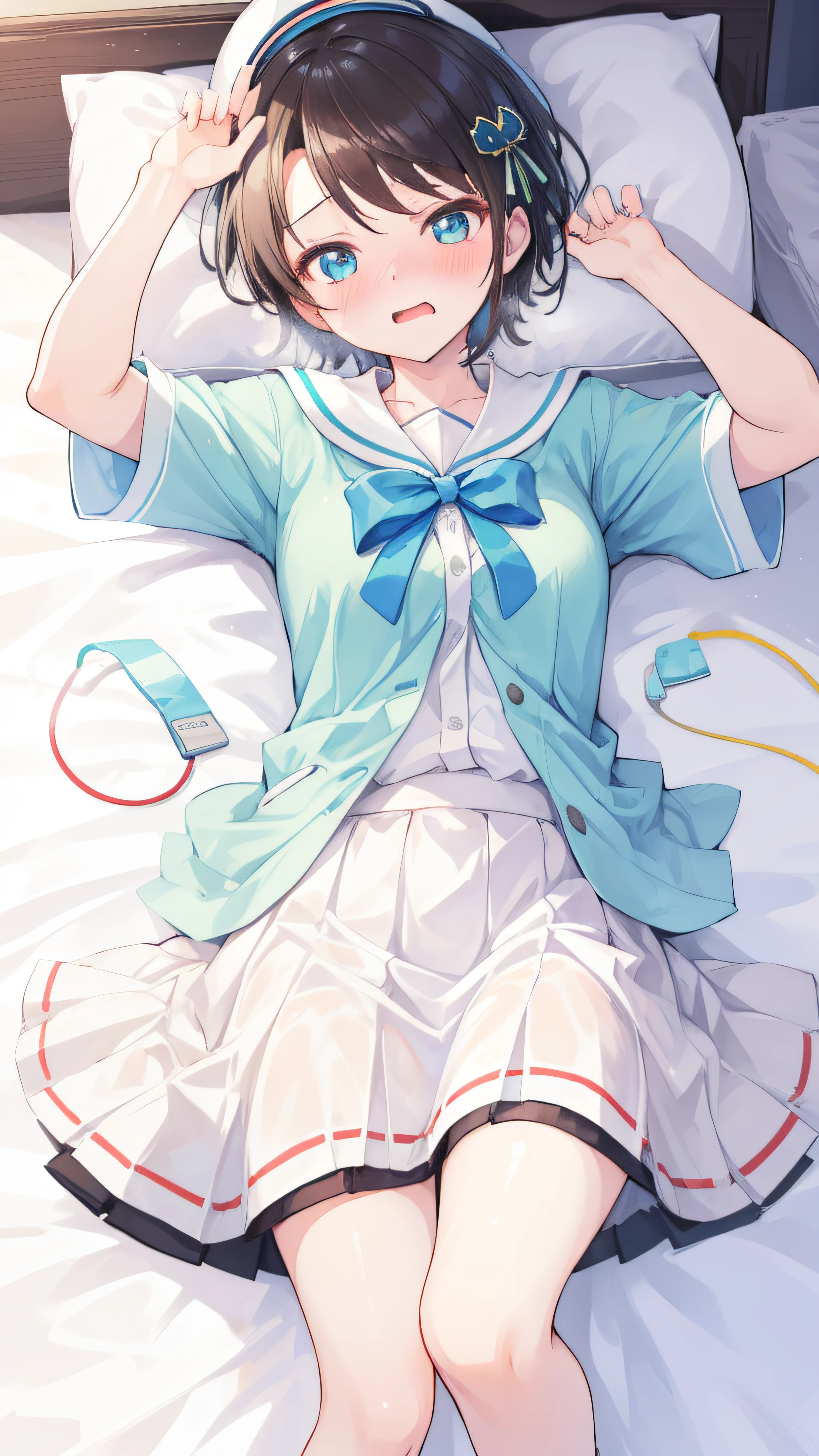 one girl, Oozora_Subaru, innocent, slender, pure, white shirt, white skirt, cap, (happy), bow, lying on bed, (embarrassed), (orgasm), steam