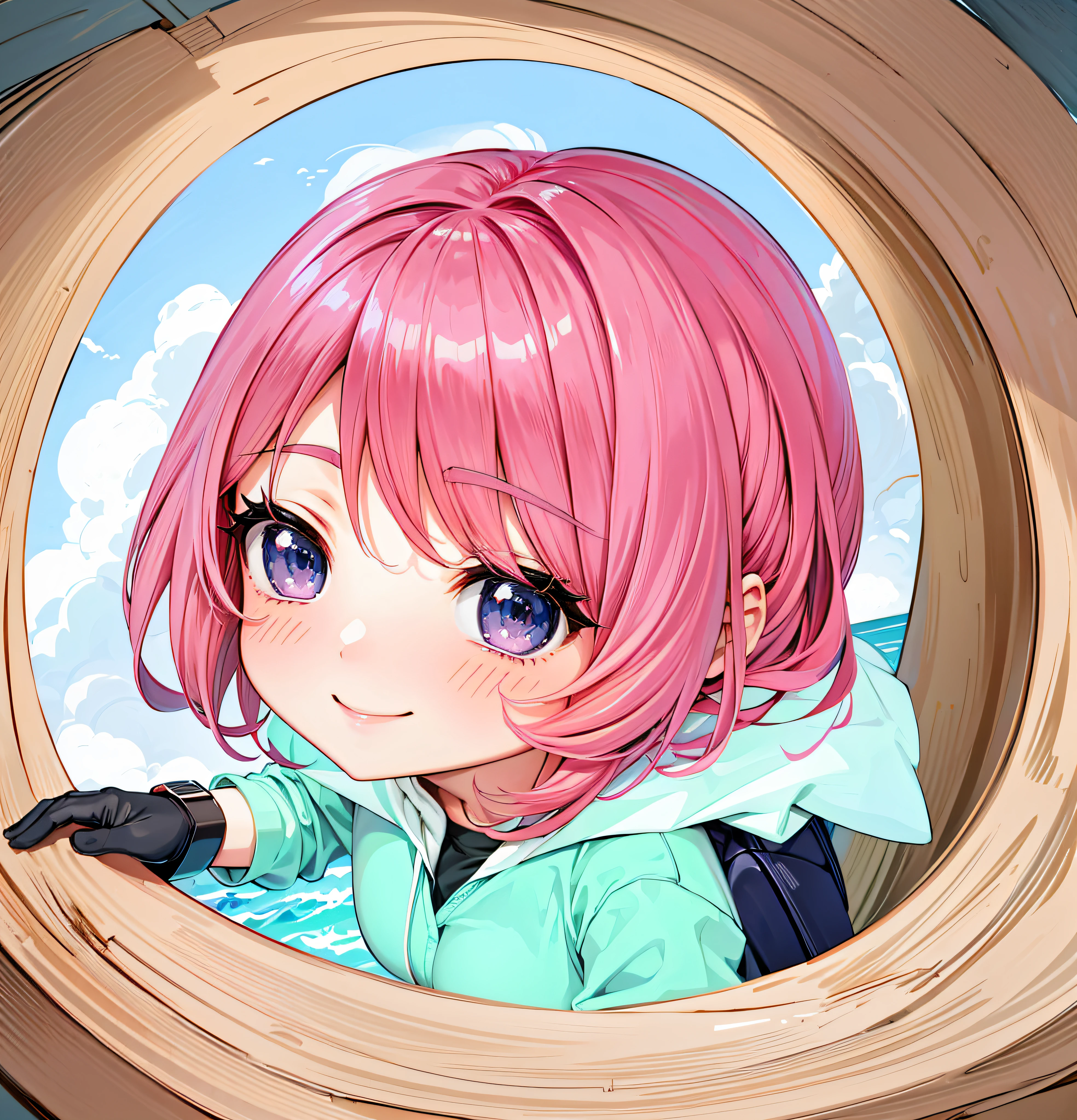 ((巨作, Best Quality)), (1girl),((mature female)), Pink hair, ((office lady )),explosions,Big,(busty),slim,smile, [wide hips],desk,Standing, black bra, Big breasted,backpack