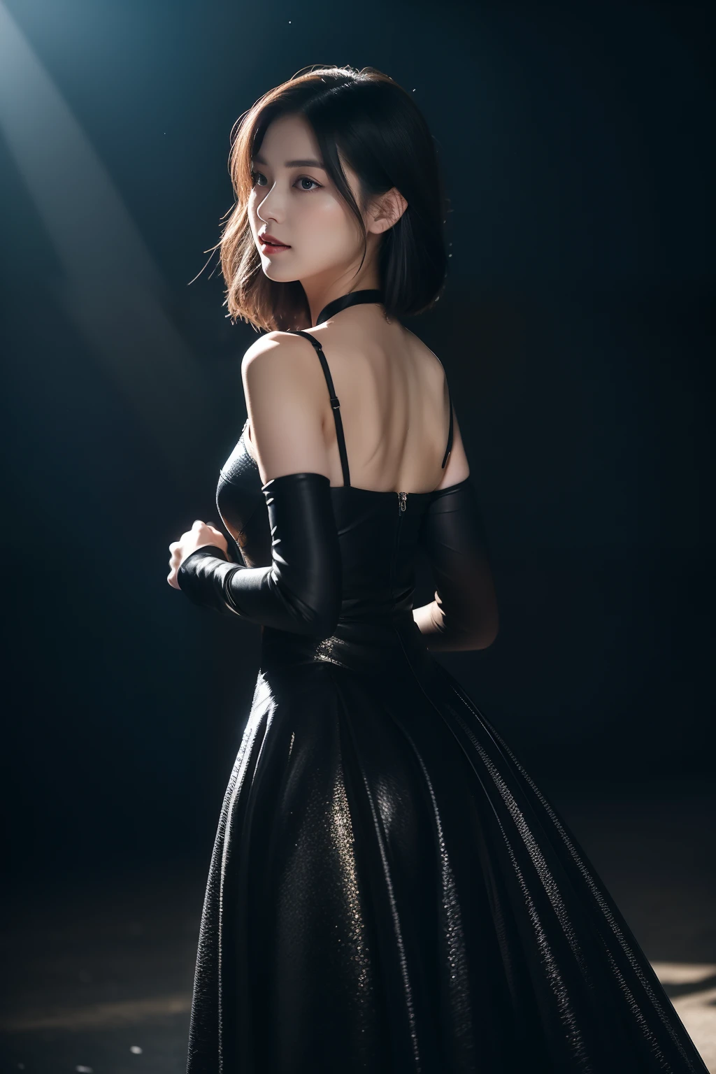 (highy detailed,8K,realisticlying,meticuloso,Real Human)The Queen of Dark Temperament exudes a cold charm,She has a face that is hard to ignore。Thick and slender black hair draped over her shoulders,Exudes a hint of mystery。Her eyes were deep and sharp,Like the stars of the night,It reveals a power that cannot be fathomed。Her tall nose and slightly raised lips outline the perfect proportions of her face,It gives a noble and cold feeling。Her skin was as fair as snow,It was as if I had never seen the pure color of sunlight,A stark contrast to the brunette hair。She is slender and charming,Like an elegant black swan。She wore a silver-white bandeau dress,The material of the dress shimmered,Cast a mysterious and seductive light in the darkness。The skirt extends downwards,Gently brush the curve of her slender and slender legs,Show off her charming figure。She has an obsidian bracelet embedded in her wrist,Exudes a mysterious energy。Every time she moves,The obsidian on the bracelet will emit a dark and dazzling light,It was as if connected to her soul。She was wearing a pair of high-heeled black leather boots,The intricate design expresses her unique taste。Every step she took,It was as if the whole world was trembling for it,Her aura seemed to be able to tear the darkness apart,Blaze a trail for her to be alone。The queen of dark temperament has become the focus of attention with her highly detailed appearance,Every detail exudes a charm that cannot be ignored。Her cold exterior hides endless power,Let people have inexplicable awe and yearning for her。
