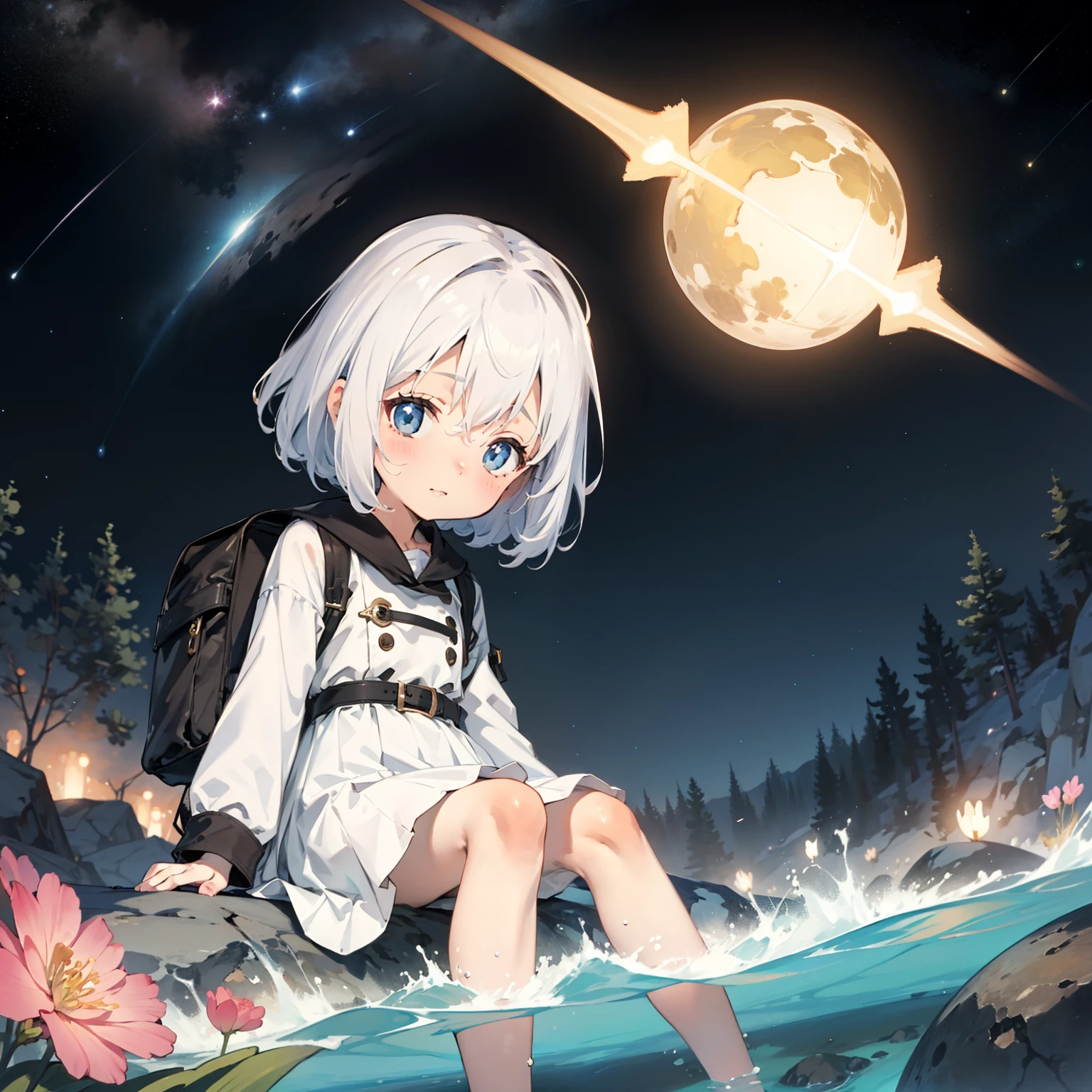 Behind the Earth 1.4,starry sky bright, Little girl drifting in the starry sky of the universe,Loli,elementary student, Solo, (with short white hair:1.2),