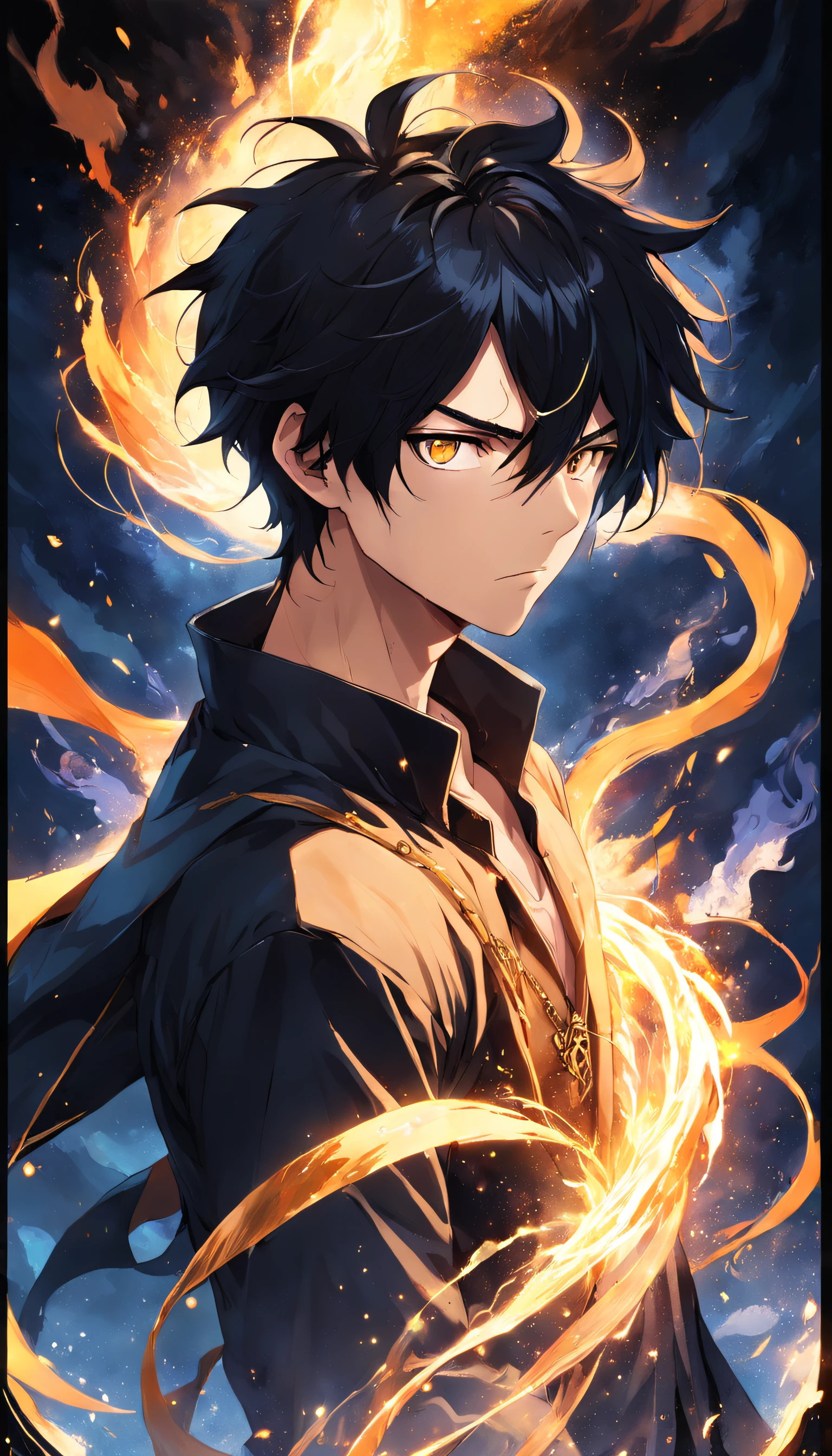 a painting that represents the essence of magic in your world, showing the black hair, shining golden eyes protagonist with a mystical black mark on his neck immersed in a cascade of magical fire energy, with glowing particles dancing around him and arcane symbols forming in the air