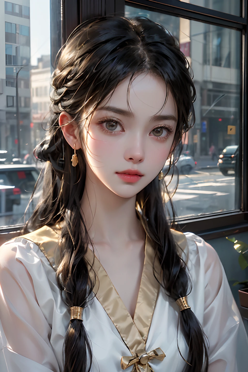 ((best best quality)), ((MasterPiece)), (Detail:1.4), 3D, A beautiful cyberpunk female image,HDR(high dynamic range),RayTrace,nvidia rtx,The ultra-Resolution,Unreal 5,Subsurface scattering、pbr texturing、postprocessing、Anisotropic Filtering、depth offield、Maximum Clarity and Clarity、Many-Layer Textures、Albedo and Specular map、Surface coloring、Mitsu-Accurate simulation of material interactions、Perfect Scale、octanerendering、Two-colored light、large aperture、low ISO、white balance、Rule of Thirds、8K RAW、beautiful bright pupils,flowing robe,Fine pupils,Detailed face and eyes,Long Lashes,Blushlush,voluminous hair,Tender red lips