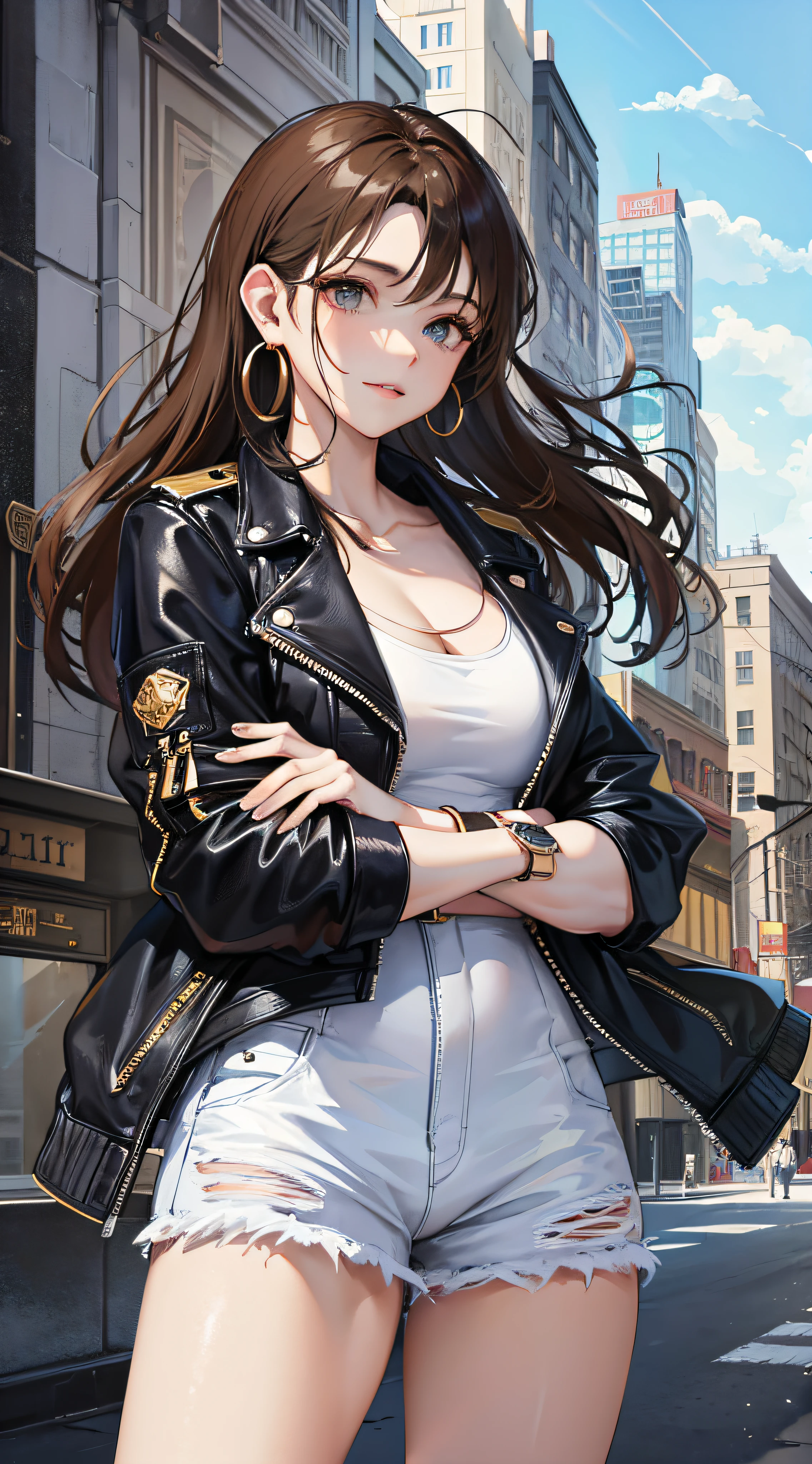 Highly detailed, high quality, masterpiece, 1 woman, upright, (casual wear: 1.1), (cleavage), white T-shirt, blue jeans, sneakers, black leather jacket draped over shoulders, (accessories: 1.2), gold hoop earrings, brown leather watch, natural makeup, slight smile, arms crossed in front of her, (city view: 0.9), buildings and characters in the background, outdoors, sunny day.
