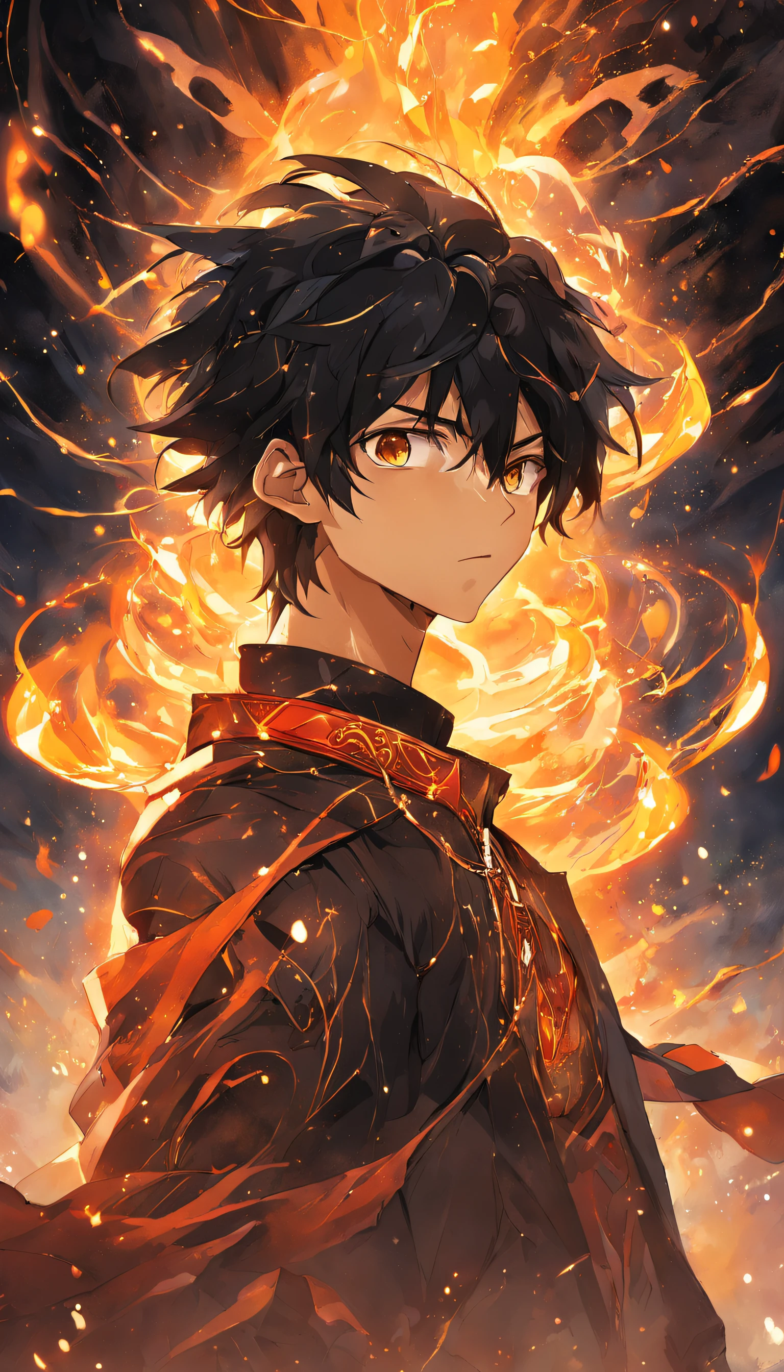 a painting that represents the essence of magic in your world, showing the black hair, shining golden eyes protagonist with a mystical black mark on his neck immersed in a cascade of magical fire energy, with glowing particles dancing around him and arcane symbols forming in the air