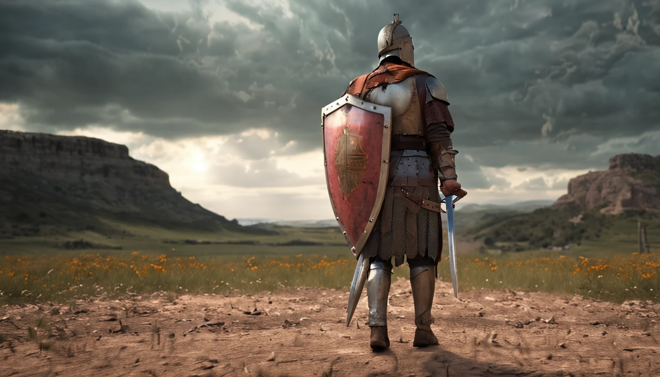 saldo romano antigo, ajoelhando no campo de batalha, with broken shield and sword in hand, shield on the ground