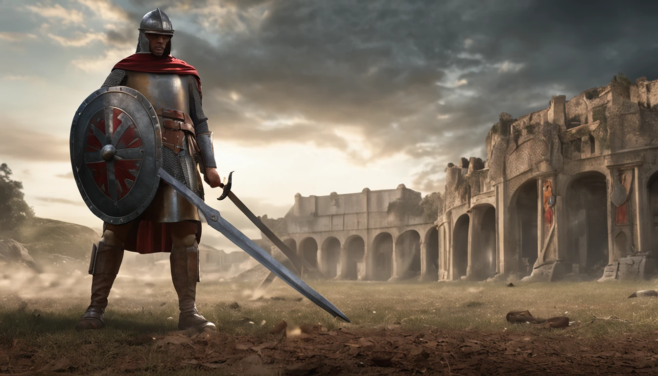 saldo romano antigo, ajoelhando no campo de batalha, with broken shield and sword in hand, shield on the ground