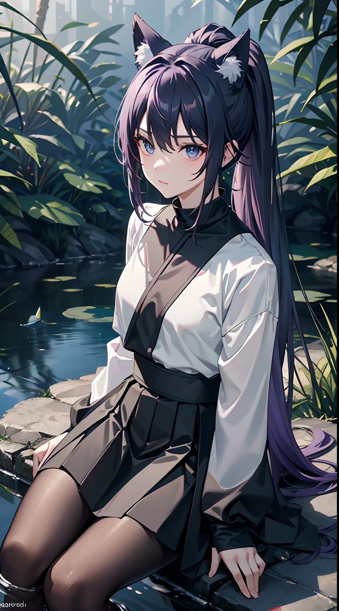 a teenager, female, (ninja), (solo), ((sit beside the pond)), beautiful, (black uniform and skirt), (gradient eyes), (wear fox mask on head), gradient hair, silver hair, purple hair, ponytail, (cinematic lighting), ((close-up)),ray tracing, reflection light, depth of field, glowing light, best quality, high quality, highres, (textured skin), UHD, 8k