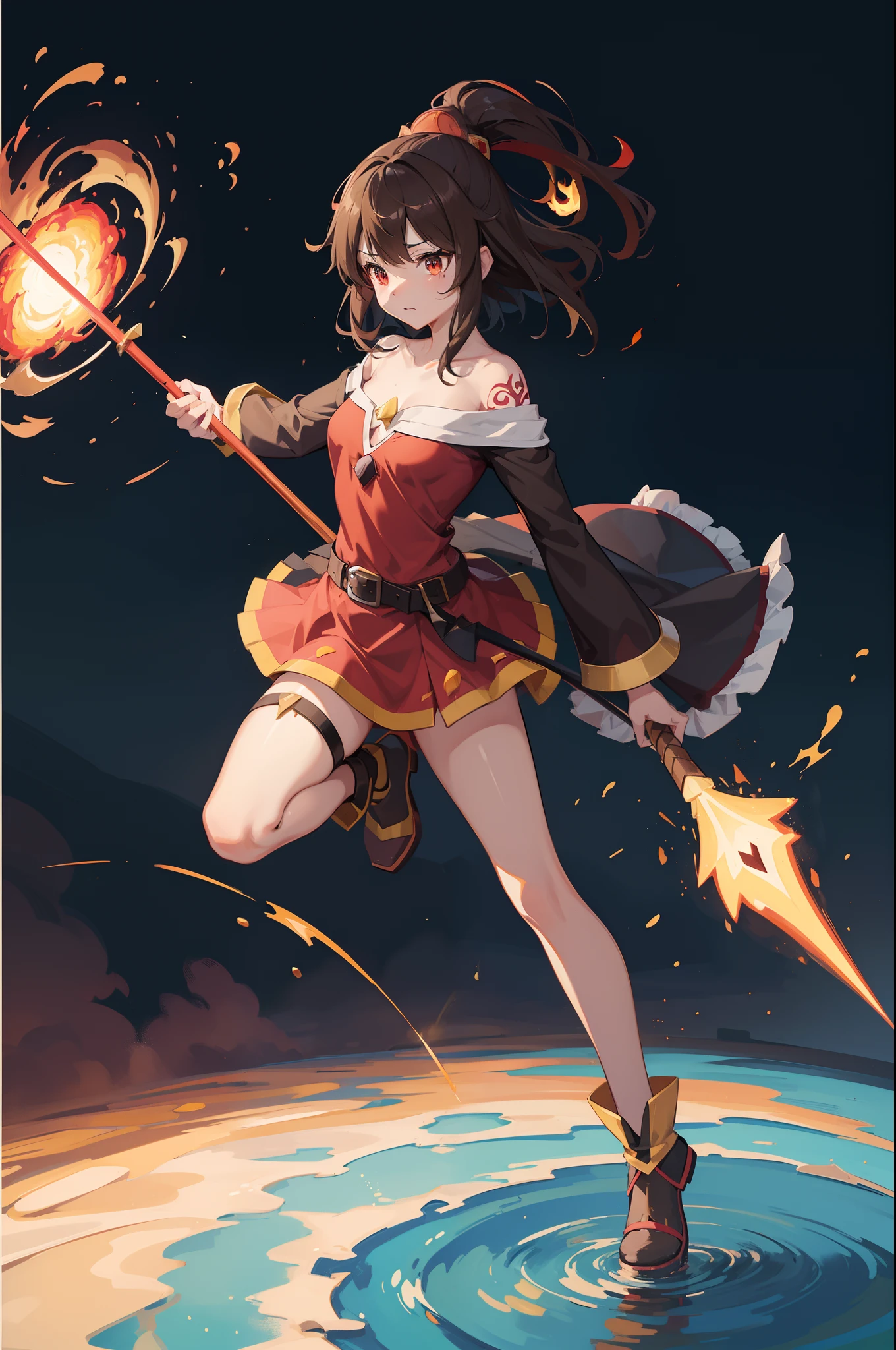 megumin from konosuba, witch hat, fire burst element aura, burning effect, masterpieces, petite, perfect body shape, field background with slime, holding wooden staff with two hand, bandage on chest, 4k wallpaper quality, crotch tattoo, eye mask on left eye, brown color pupil, short brown hair, high resolution