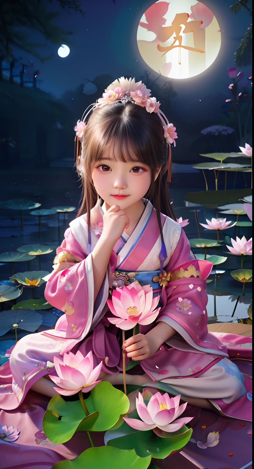 arafed image of a little girl sitting on a blanket with a flower in her hand, adorable digital painting, palace ， a girl in hanfu, cute digital art, chinese girl, little girl with magical powers, realistic cute girl painting, pink zen style, lotus floral crown girl, sitting on a lotus flower, beautiful character painting, young asian girl, cute beautiful