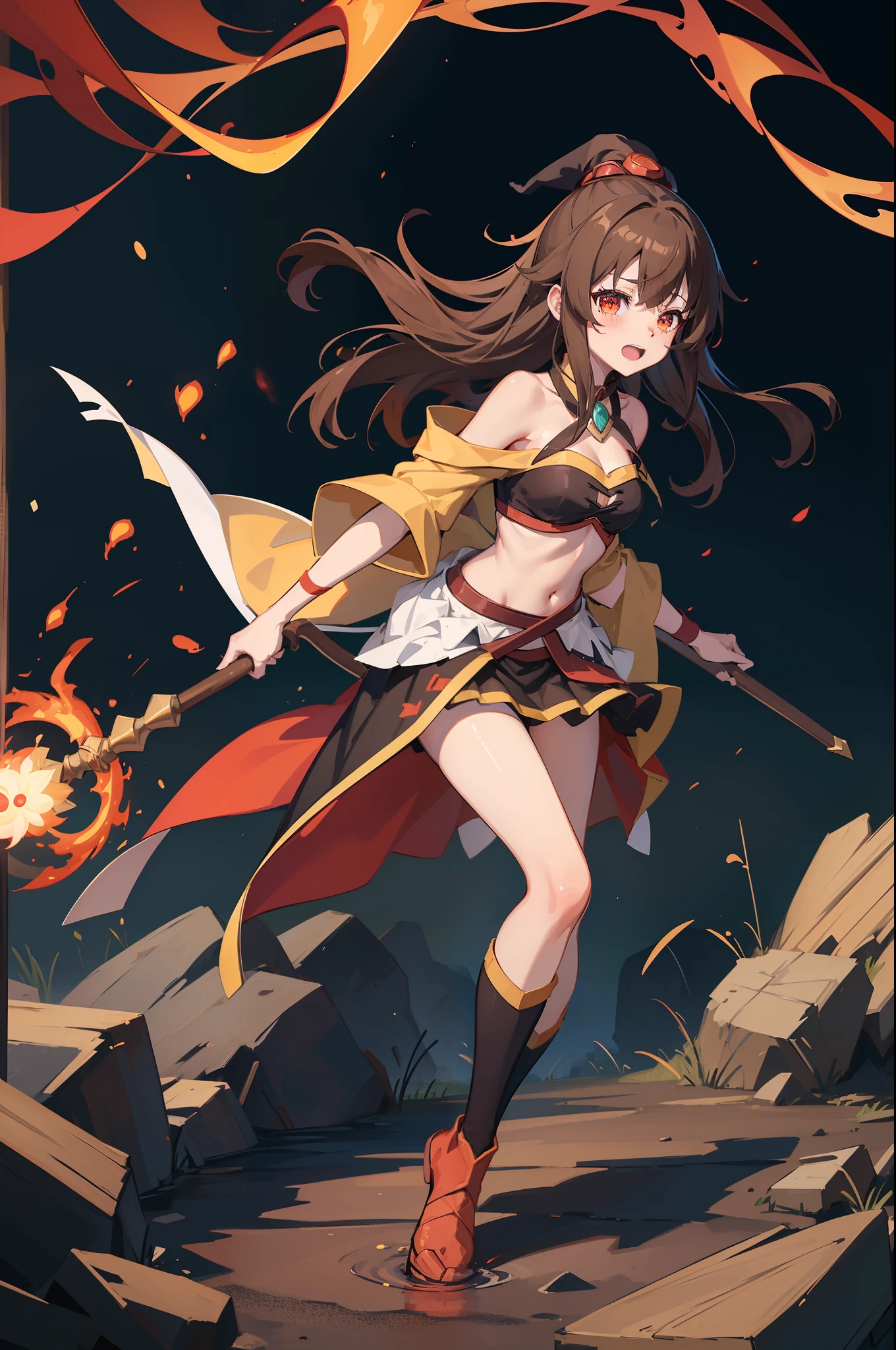 megumin from konosuba, witch hat, fire burst element aura, burning effect, masterpieces, petite, perfect body shape, field background with slime, holding wooden staff with two hand, bandage on chest, 4k wallpaper quality, crotch tattoo, eye mask on left eye, brown color pupil, short brown hair, high resolution