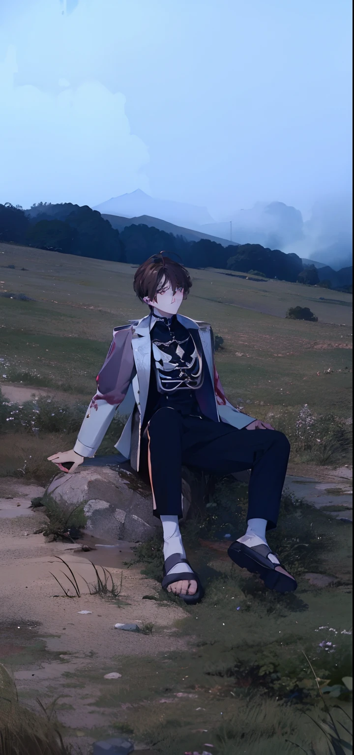 1boy,male,Young man,Pale teenager,White Rose,white shirt,dressings,Blood,Low screen contrast,high brightness,brown hair,Soft lighting,soft focus,Mysterios,Romance Lane, Anime Big, impressionism, cinematic lighting, Close -up, Hyper HD, 巨作, highly detail, purple eyes, short hair, hair between eyes