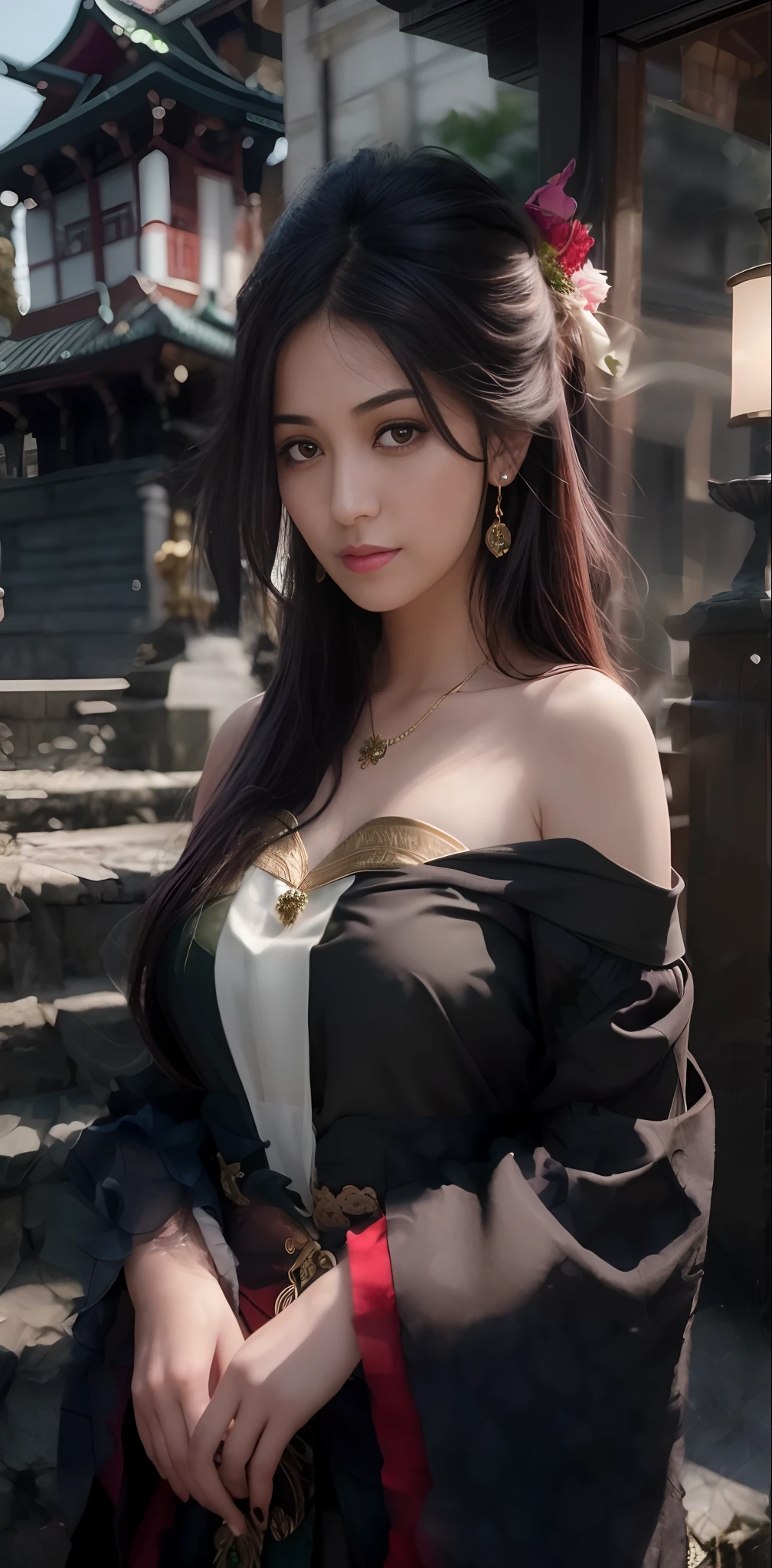 (Ultra Realistic), (Illustration), (Increased Resolution), (8K), (Extremely Detailed), (Best Illustration), (Beautiful and Detailed Eyes), (Best Quality), (Ultra Detailed), (Masterpiece ), ( wallpaper), (detailed face), solo, 1 girl, looking at viewer, fine details, detailed face, in the dark, deep shadows, low key, pureerosfaceace_v1, smiling, long hair, black shawl straight hair , 46 points oblique bangs
