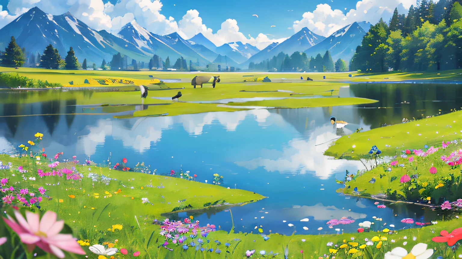 Summer, meadows, few small flowers, clear lakes, sheep, heaven, large clouds, blue sky, hot weather, HD detail, wet watermark, hyper-detail, cinematic, surrealism, soft light, deep field focus bokeh, distant view is snowy mountains, ray tracing, and surrealism. --v6