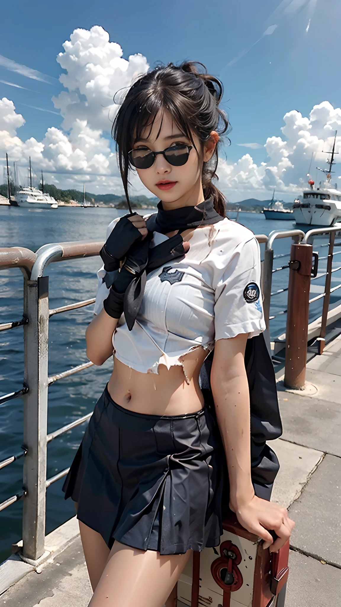 kancolle,ung_Tee uncensored_Girls、Loli、brHair、short_pony tails, Long_bangs、Blue_midriff_Baring_sailors_uniform、Mini_Skirt、short_sleeve、upper legs、Big_titmouse, Sleepy, ssmile、Open_Mouth、Dynamic_Pose, Childlike_posing on a ,harbour,dock_Background、spread_Legs、blissful、NSFW、short_mitts, (Wet:1.4),Transparent,Covered_, Covered_Crotch, under below_titmouse, Sweat, Bare_Thighs, Large_hindquarters, Covered_, back_View,Torn_clothes