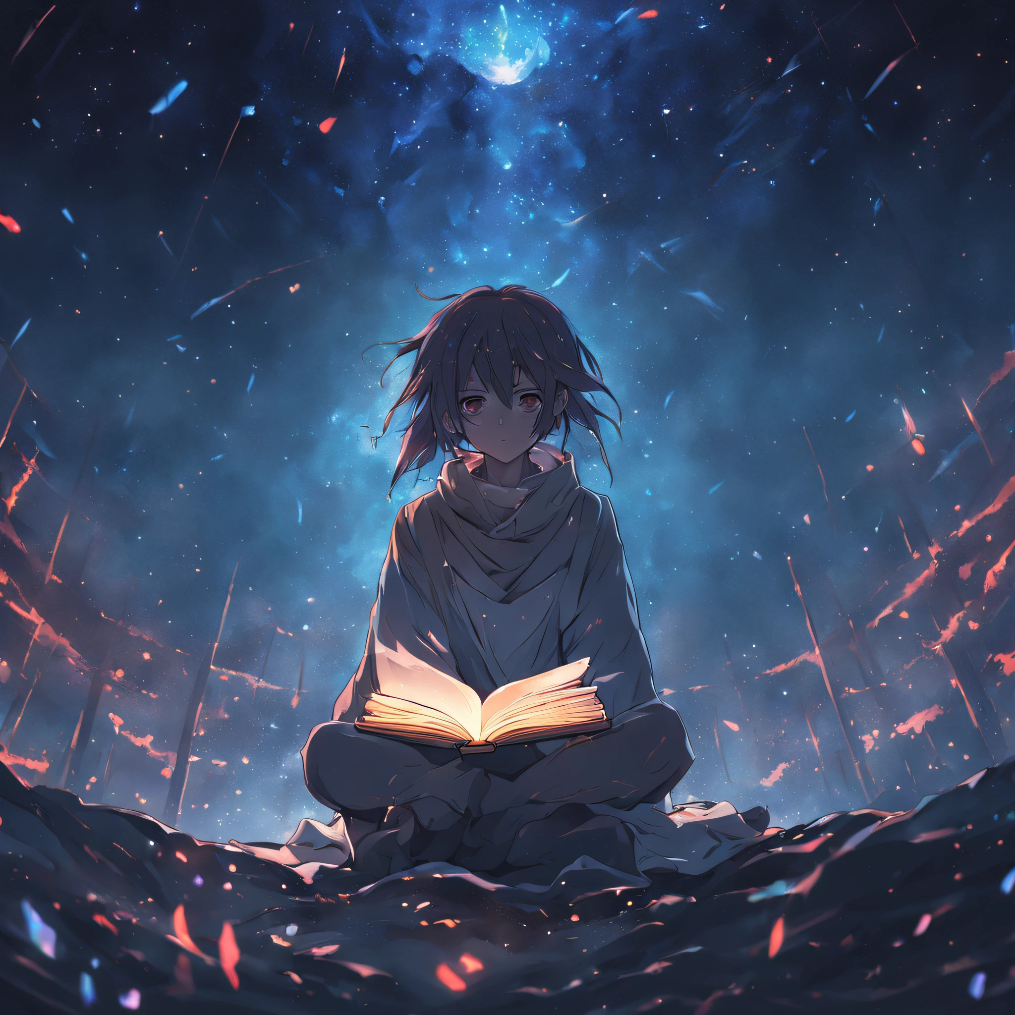 no body, no person, magic book, night sky