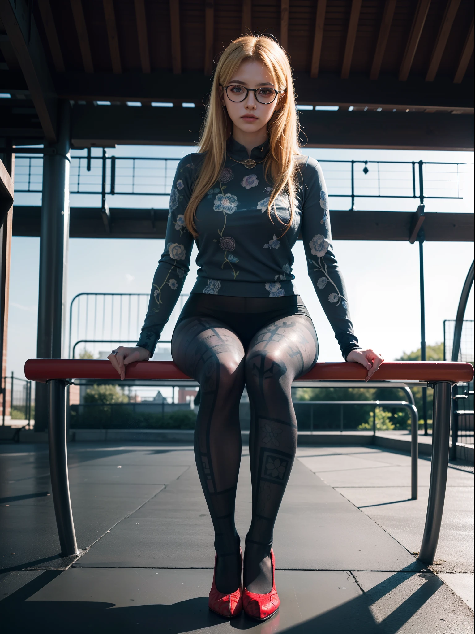 (full body:1.5),(((1girl)):1.3),(view the viewer:1.4),((anatomy correct):1.45),(((Sitting on the outdoor playground))):1.3),(she wears large glasses and Holding a bouquet of fresh flowers in his hand:1.2),(shy:1.15),((hulk's set):1.2),(((((((Patterned)))))) ,((pantyhose)):1.3),(((tattoo)):1.3),( Uniform high heels leather shoes with bows for female students:1.1),(Accurate and perfect face:1.3),((red-eyed blonde):1.2),hyper HD, Ray traching, reflective light, structurally correct, Award-Awarded, high detail, lighten shade contrast, Face lighting ,cinematic lighting, masterpiece, super detailing, high quality, high detail, best quality, 16k,High contrast,