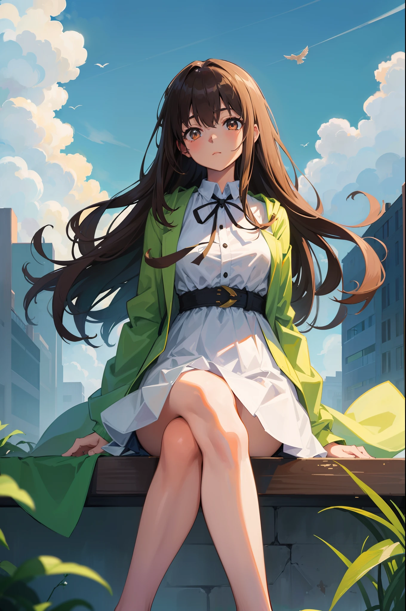 (((Masterpiece))), ((best quality)), The image depicts a peaceful scene of a girl with anime-like features. She has brown hair, big almond-shaped eyes and is seated with crossed legs. Her attire consists of a white dress with light-colored accents and a dark green jacket. Annotation of the white background reveals distant scenics like trees, buildings, and an apparent bird flying. The image communicates tranquility, symbolizing a person finding peace after hardship or simply savoring a worry-free life.