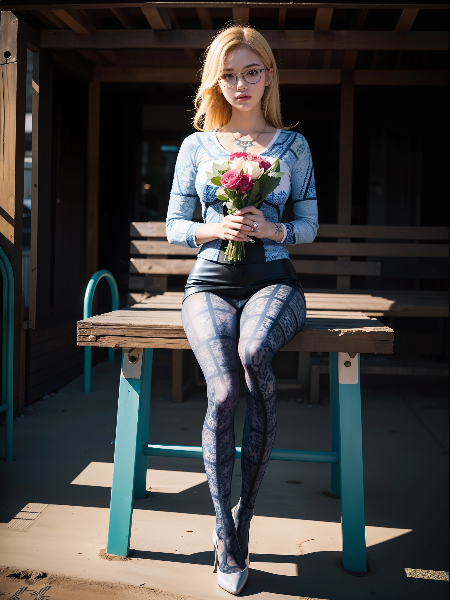(full body:1.5),(((1girl)):1.3),(view the viewer:1.4),((anatomy correct):1.45),(((Sitting on the outdoor playground))):1.3),(she wears large glasses and Holding a bouquet of fresh flowers in his hand:1.2),(shy:1.15),((hulk's set):1.2),(((((((Patterned)))))) ,((pantyhose)):1.3),(((tattoo)):1.3),( Uniform high heels leather shoes with bows for female students:1.1),(Accurate and perfect face:1.3),((red-eyed blonde):1.2),hyper HD, Ray traching, reflective light, structurally correct, Award-Awarded, high detail, lighten shade contrast, Face lighting ,cinematic lighting, masterpiece, super detailing, high quality, high detail, best quality, 16k,High contrast,
