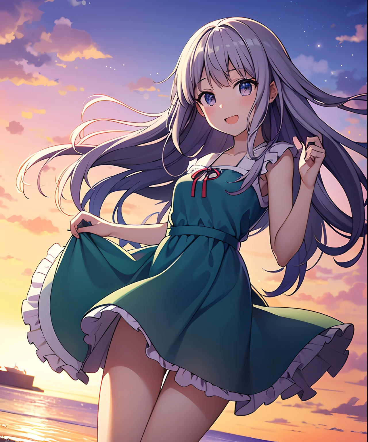 (((​masterpiece)))、(((top-quality)))、((ultra-detailliert))、(illustratio)、((extremely delicate and beautiful))、、Bright smile、floating、Light purple hair、(Detailed light) (1girl in)、、独奏、The long-haired、The wind is blowing、A WORLD、（cute eye）、an orange、pink there、Yellow blends to fill the sky、The sunset over the beach is truly mesmerizing。The crystal clear sea gently kisses the shore、White sand beaches stretch everywhere。Seagulls soar high into the sky、It is a dynamic and breathtaking scene with palm trees gently swaying。Embrace a calm atmosphere、Peace washes you。