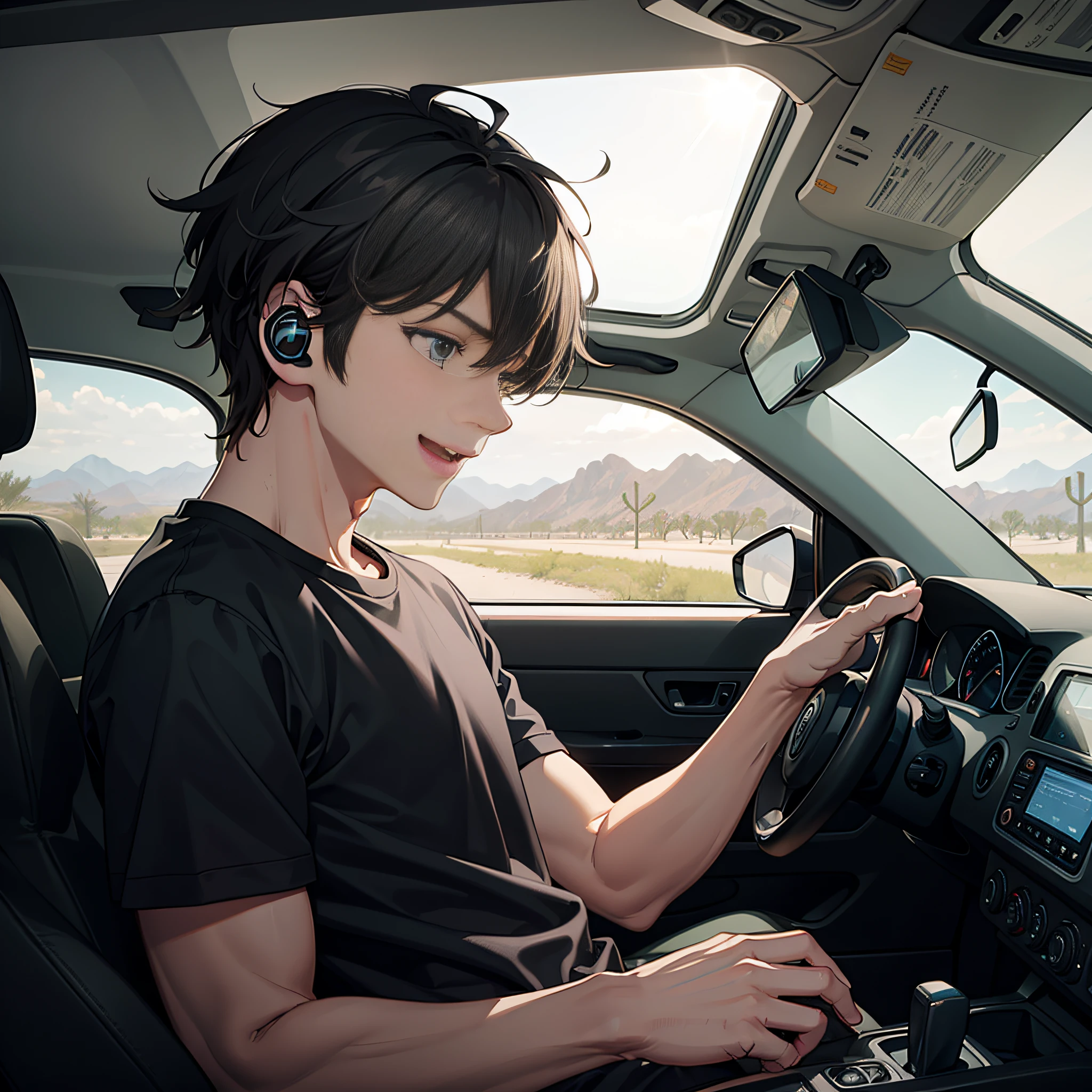 A man wearing black short sleeves，Sit in a driving green jeep，The background is on a desert road，His face showed a hint of exhaustion，Bring headphones，happy laughing， Shoot opposite the character, 8K，A high resolution